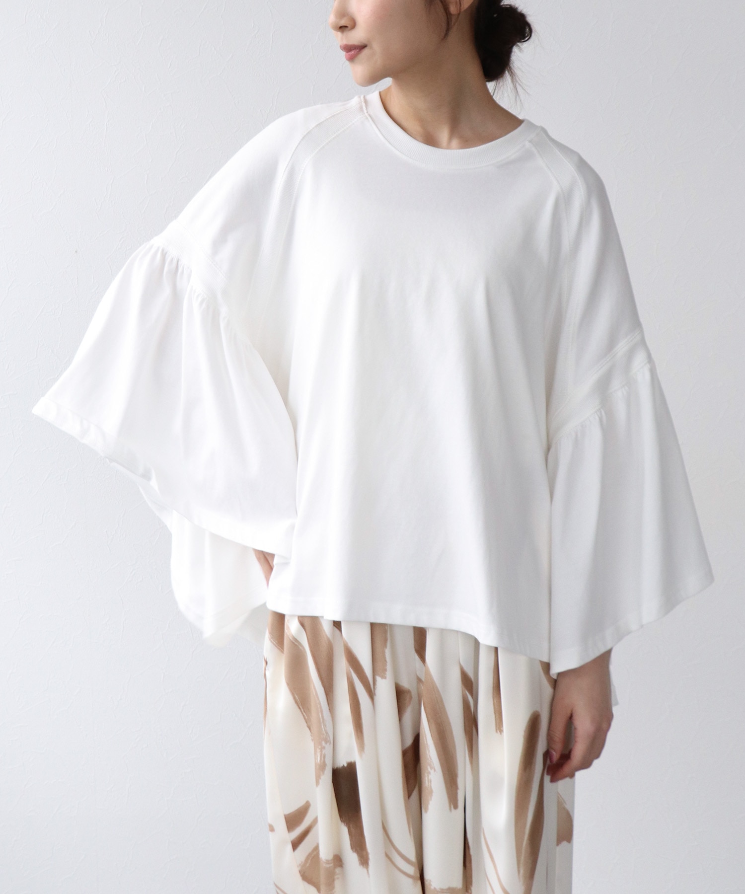 〔お家で試着〕リブ切替ギャザースリーブトップス