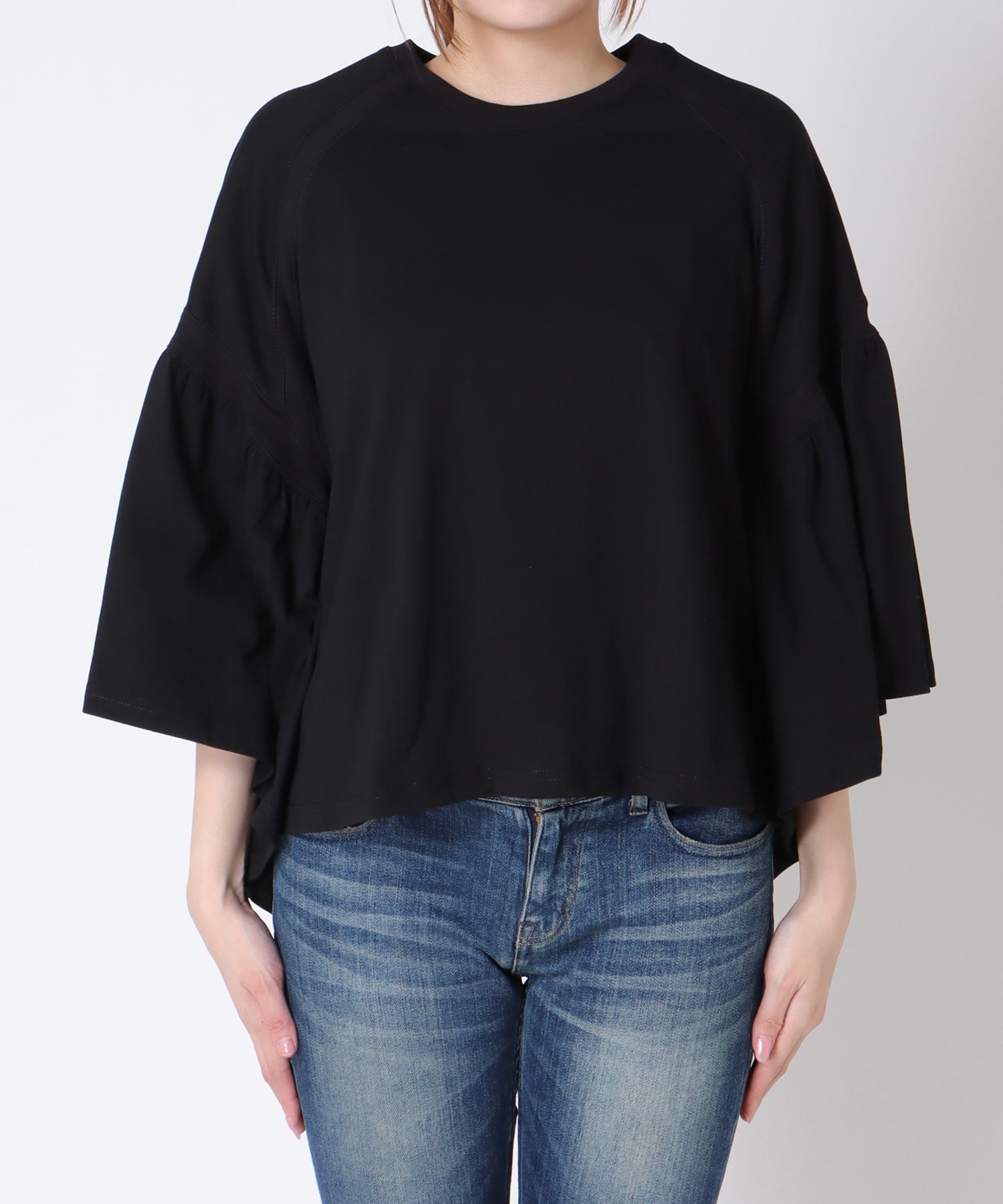 〔お家で試着〕リブ切替ギャザースリーブトップス