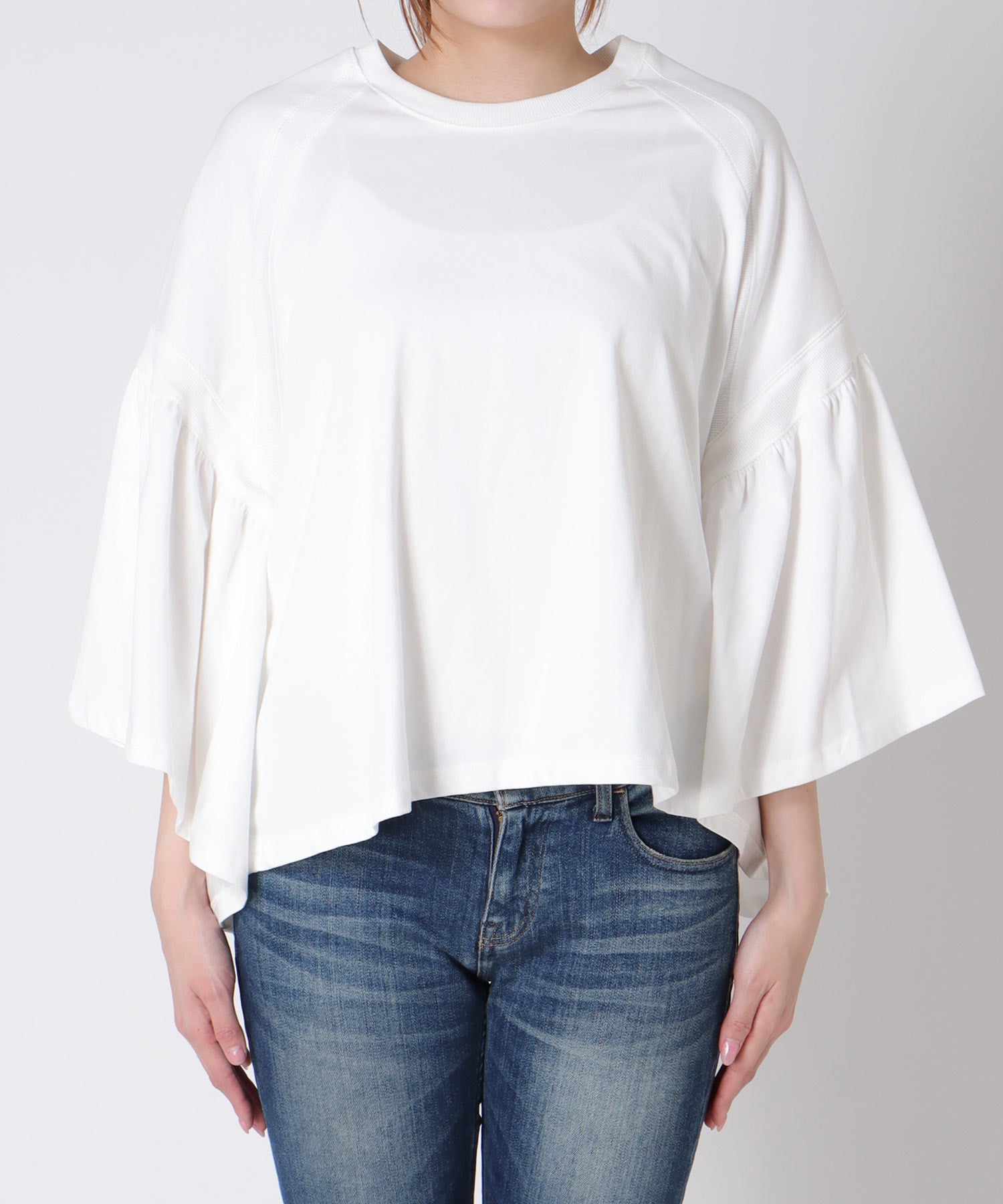 〔お家で試着〕リブ切替ギャザースリーブトップス