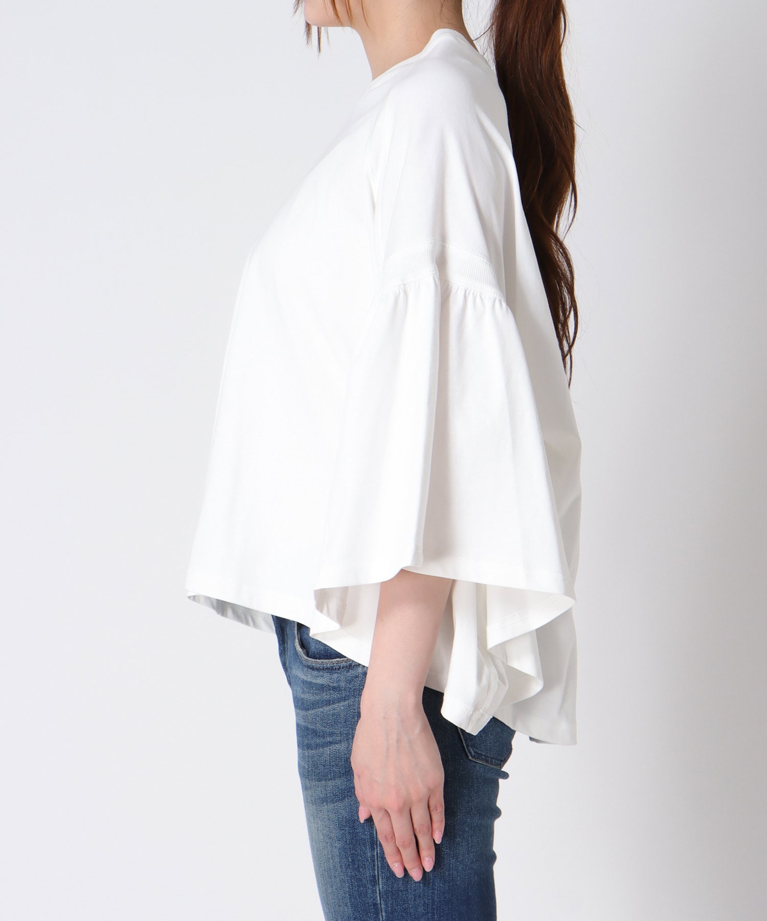 〔お家で試着〕リブ切替ギャザースリーブトップス