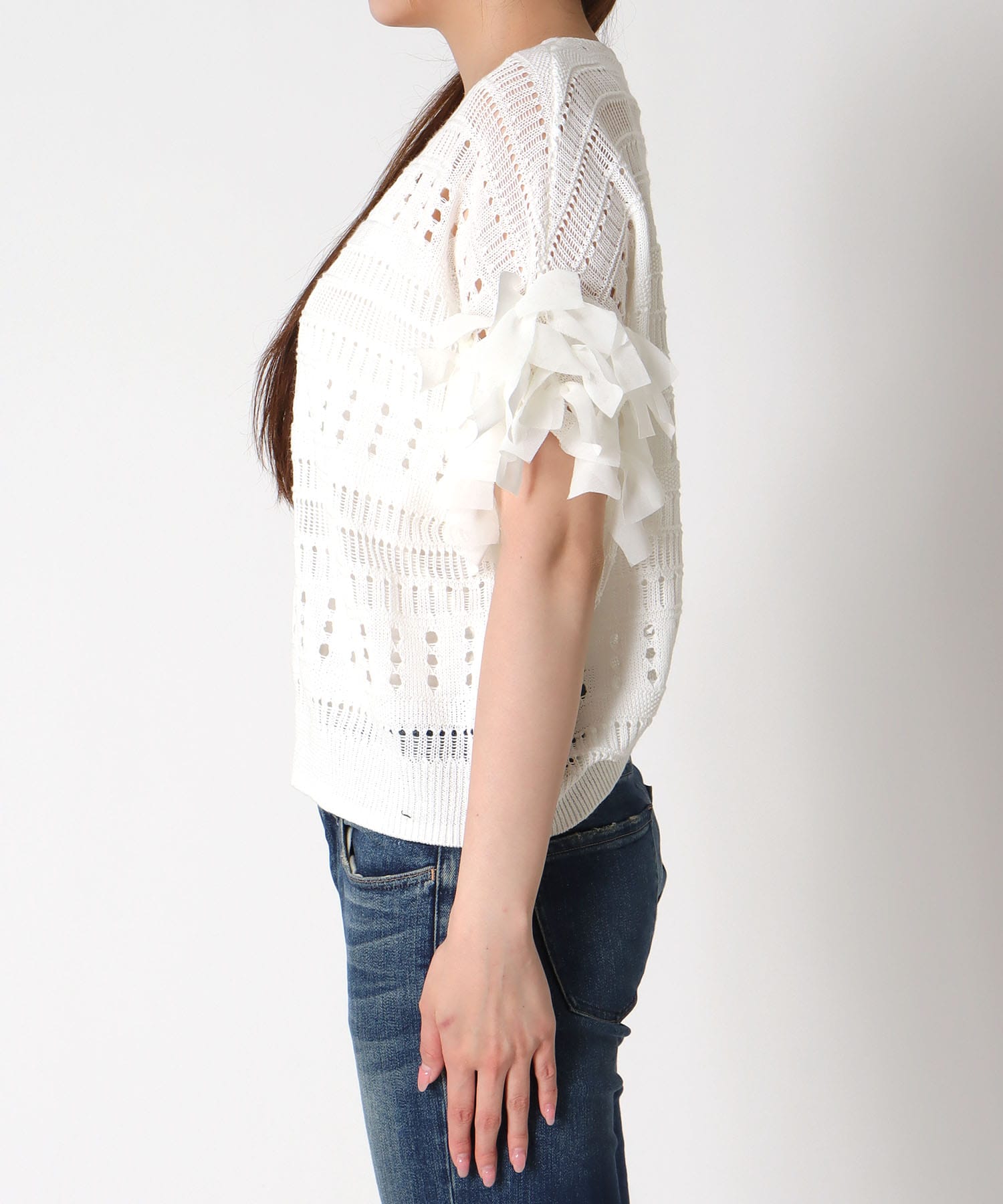 透かし柄袖リボントップス