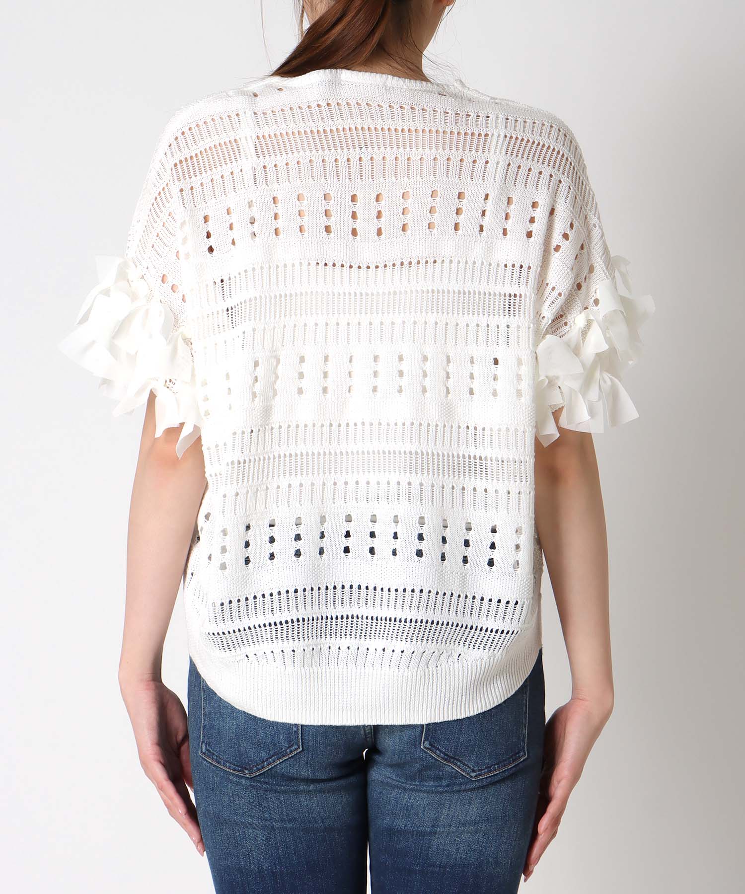透かし柄袖リボントップス