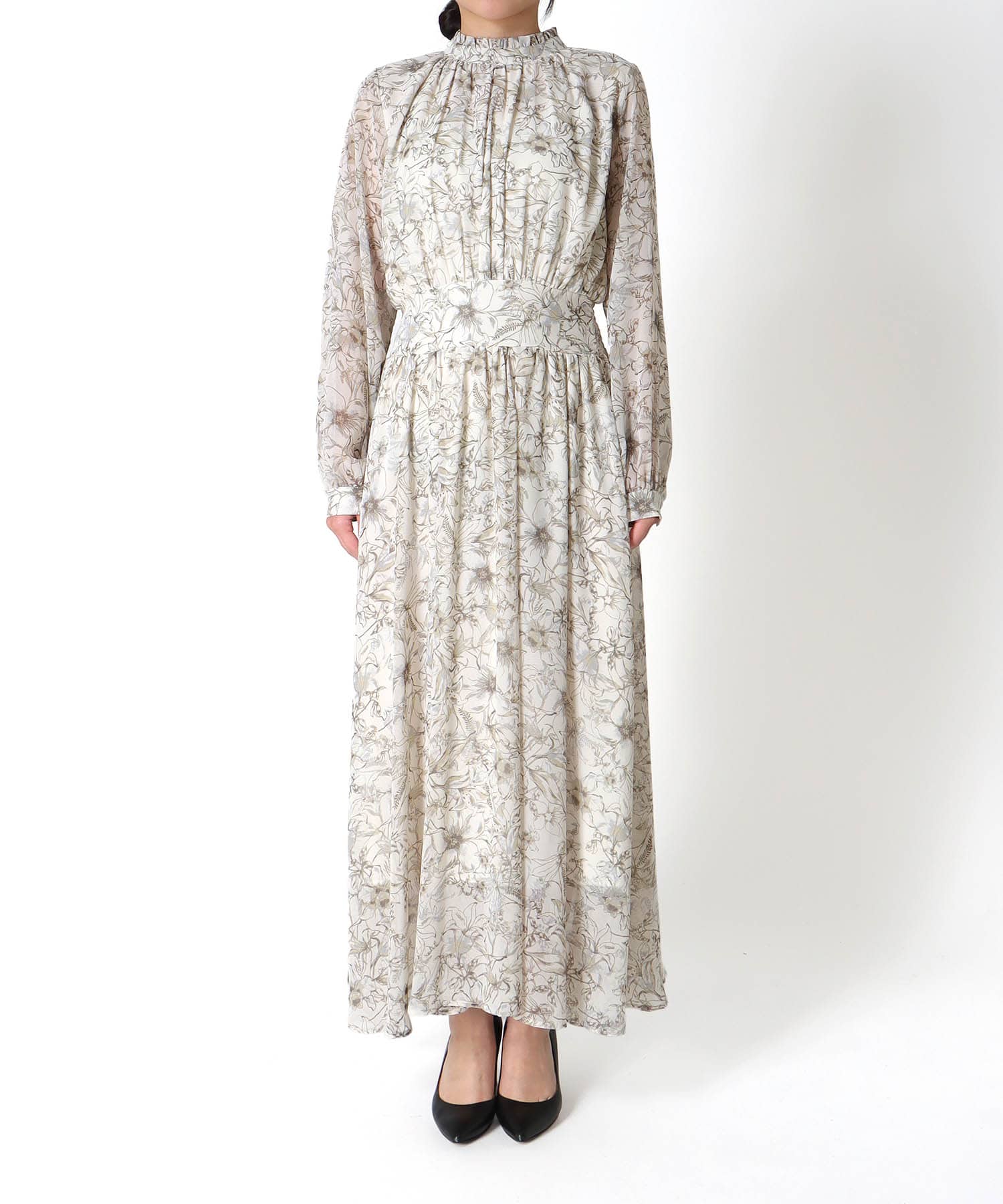 スタンドカラー レトロフラワーワンピース