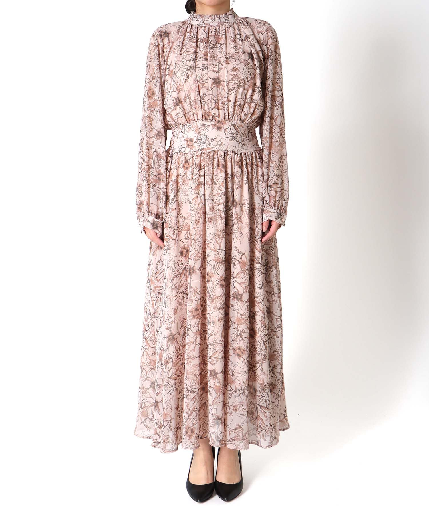 スタンドカラー レトロフラワーワンピース