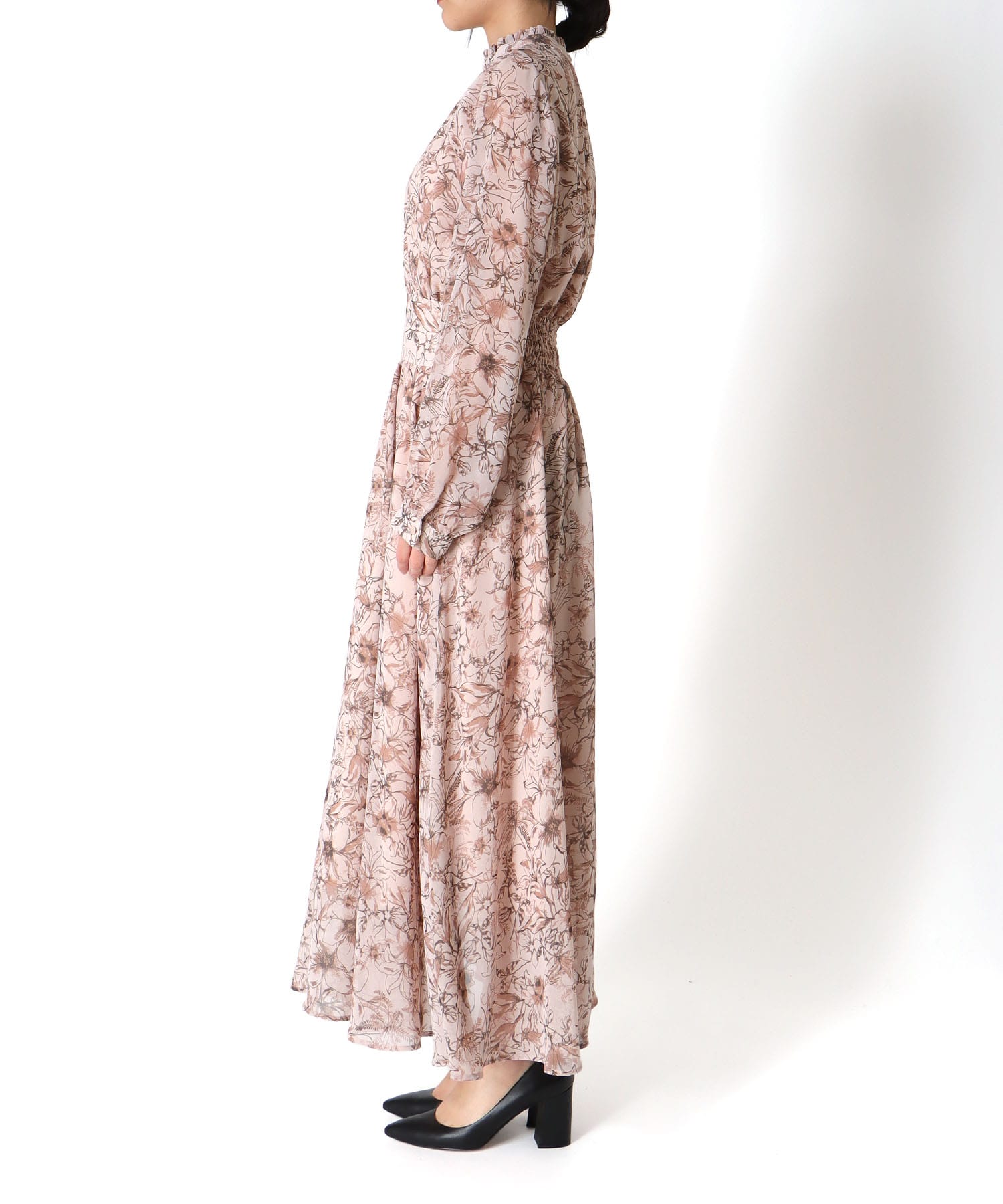 スタンドカラー レトロフラワーワンピース