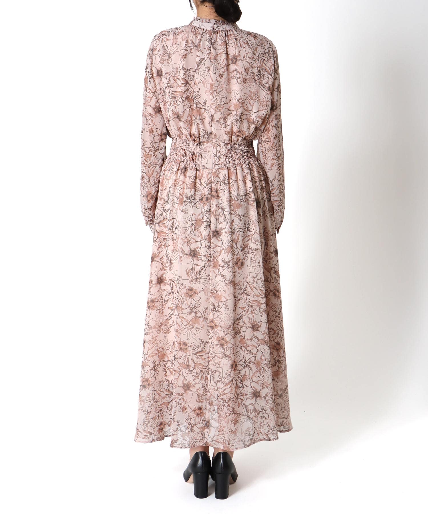 スタンドカラー レトロフラワーワンピース