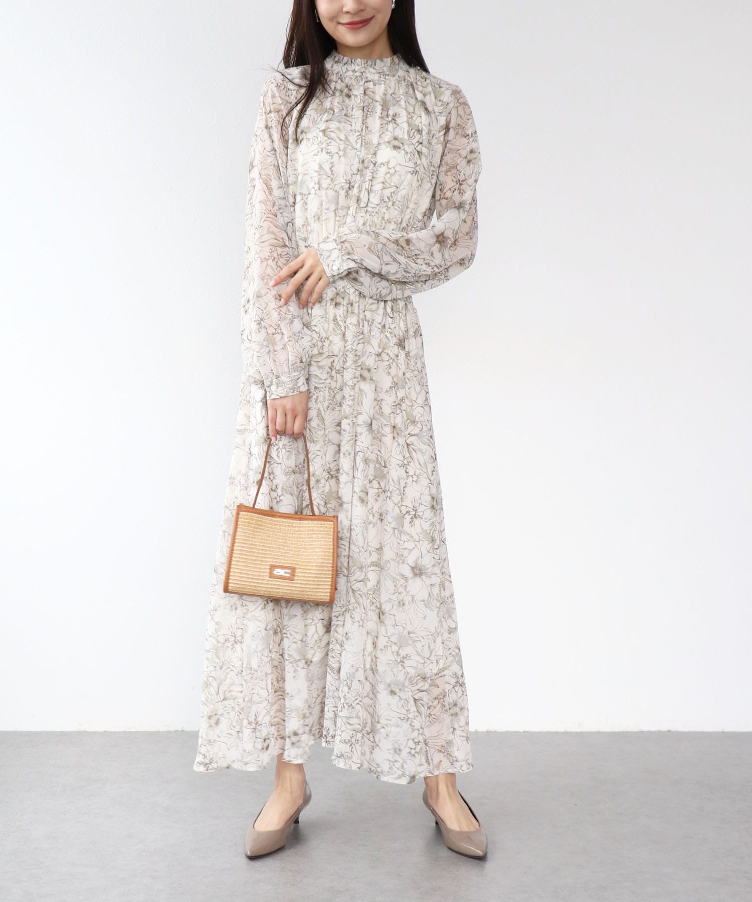 スタンドカラー レトロフラワーワンピース