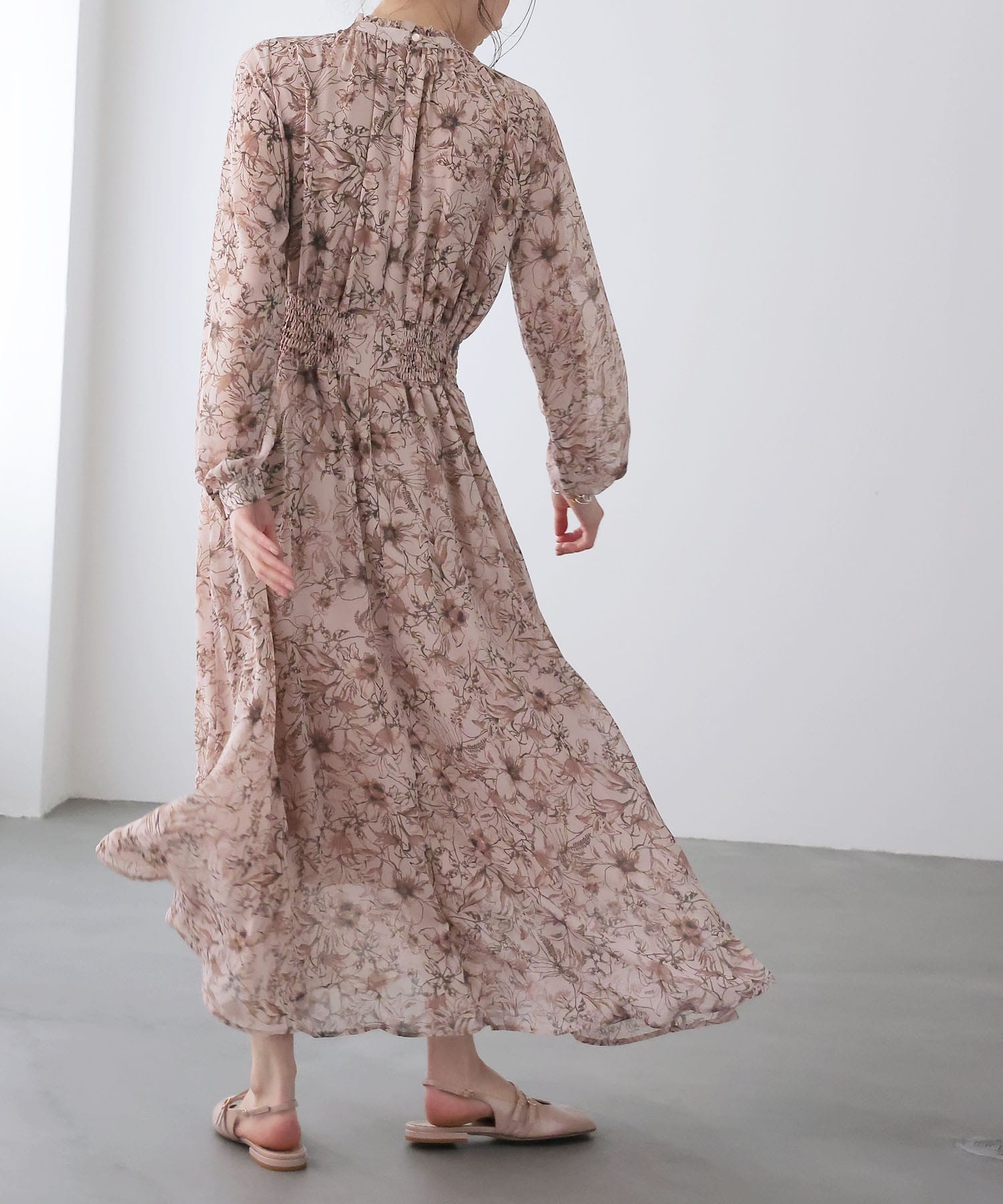 スタンドカラー レトロフラワーワンピース