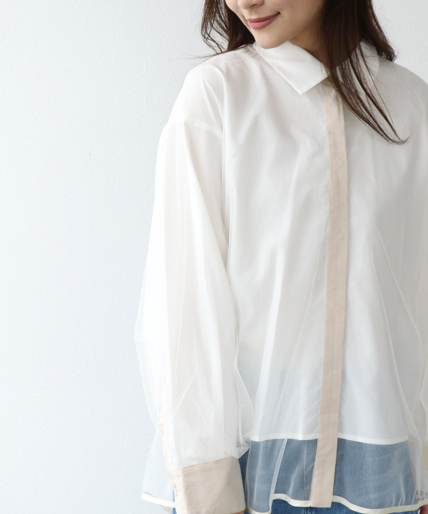チュールレイヤード配色シャツ