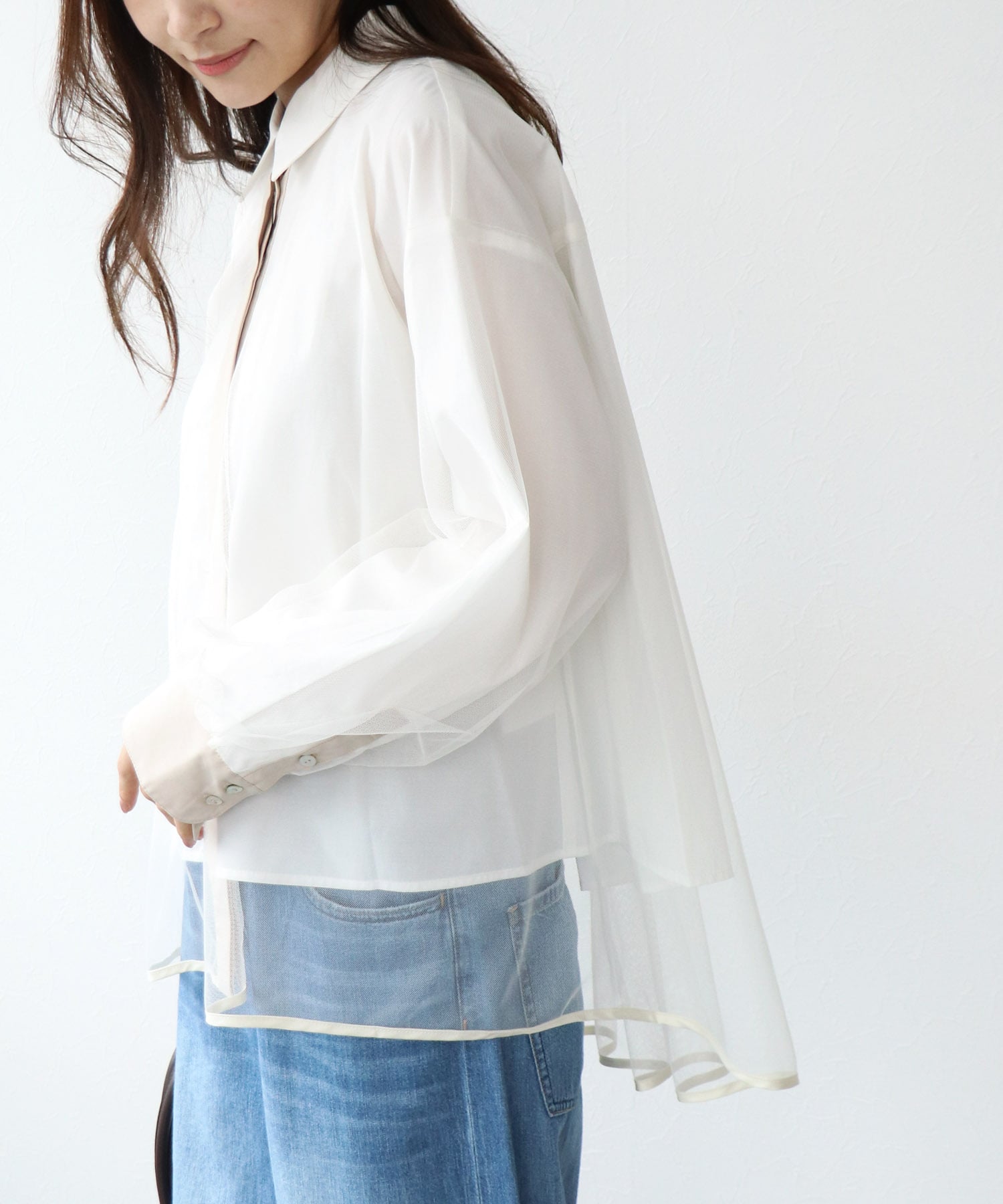 チュールレイヤード配色シャツ
