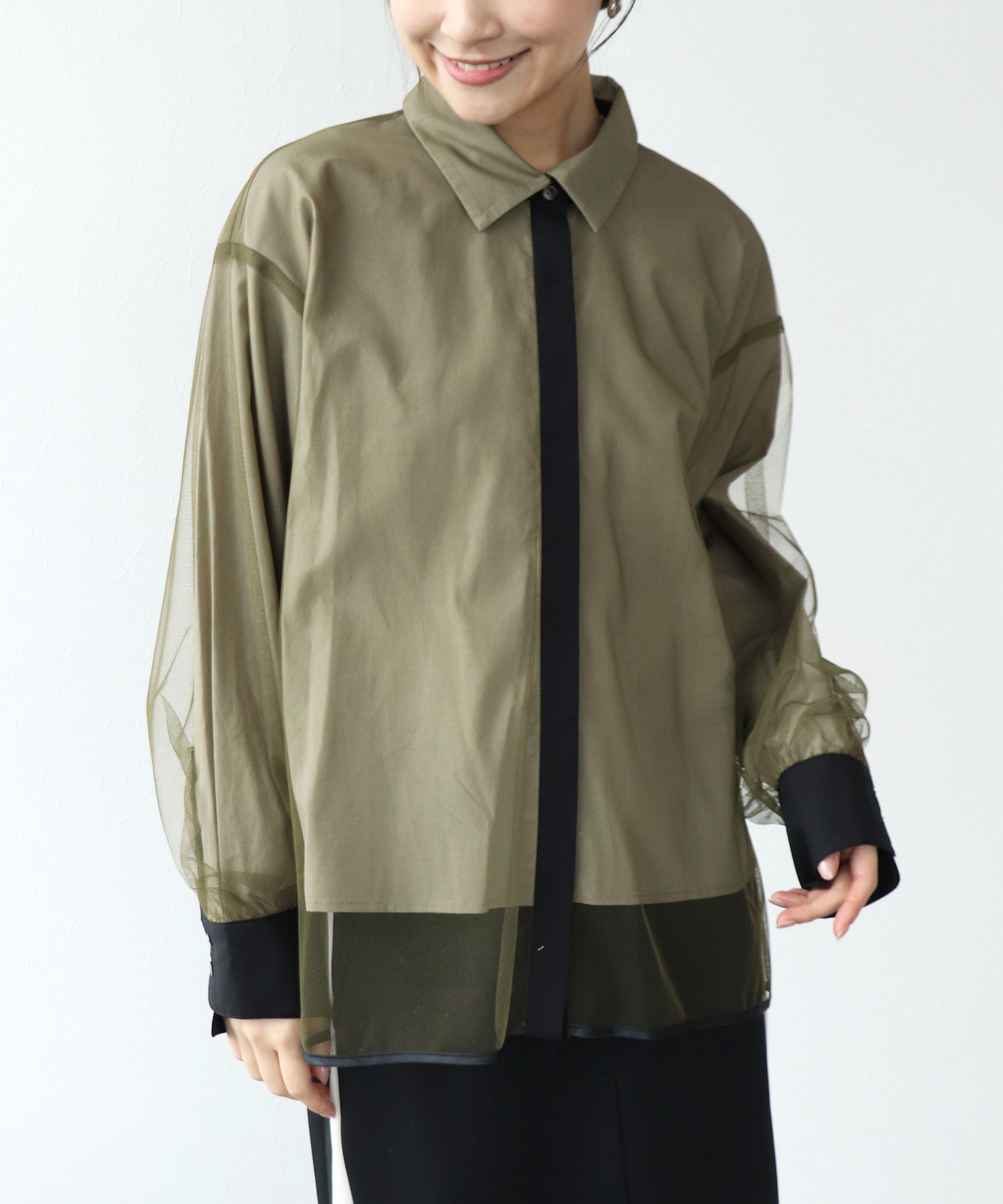 チュールレイヤード配色シャツ