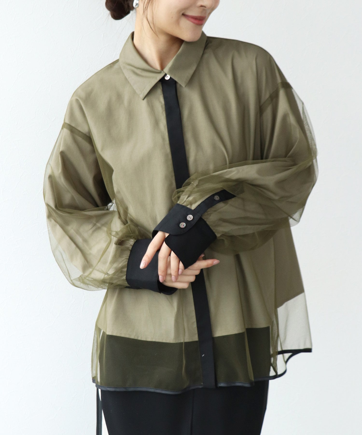 チュールレイヤード配色シャツ