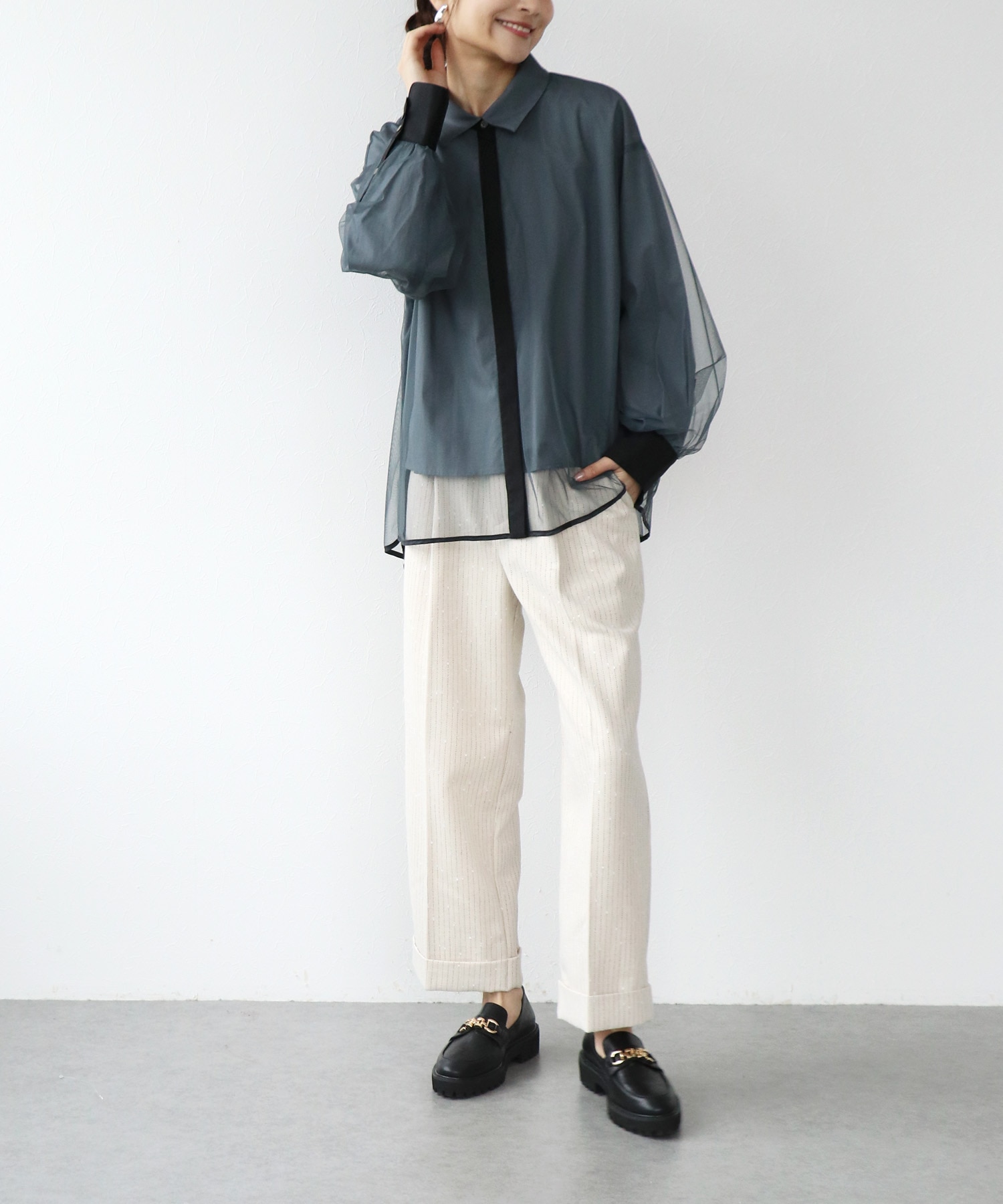 チュールレイヤード配色シャツ