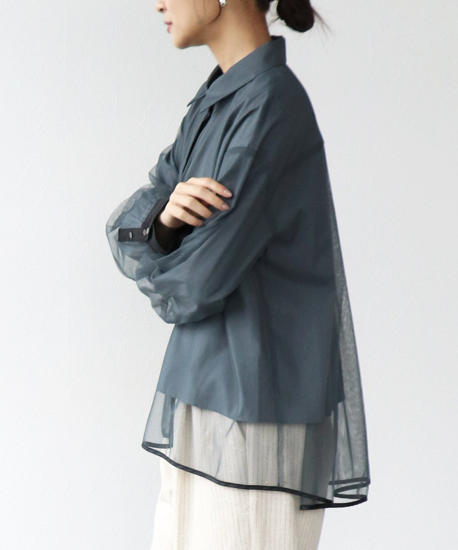 チュールレイヤード配色シャツ