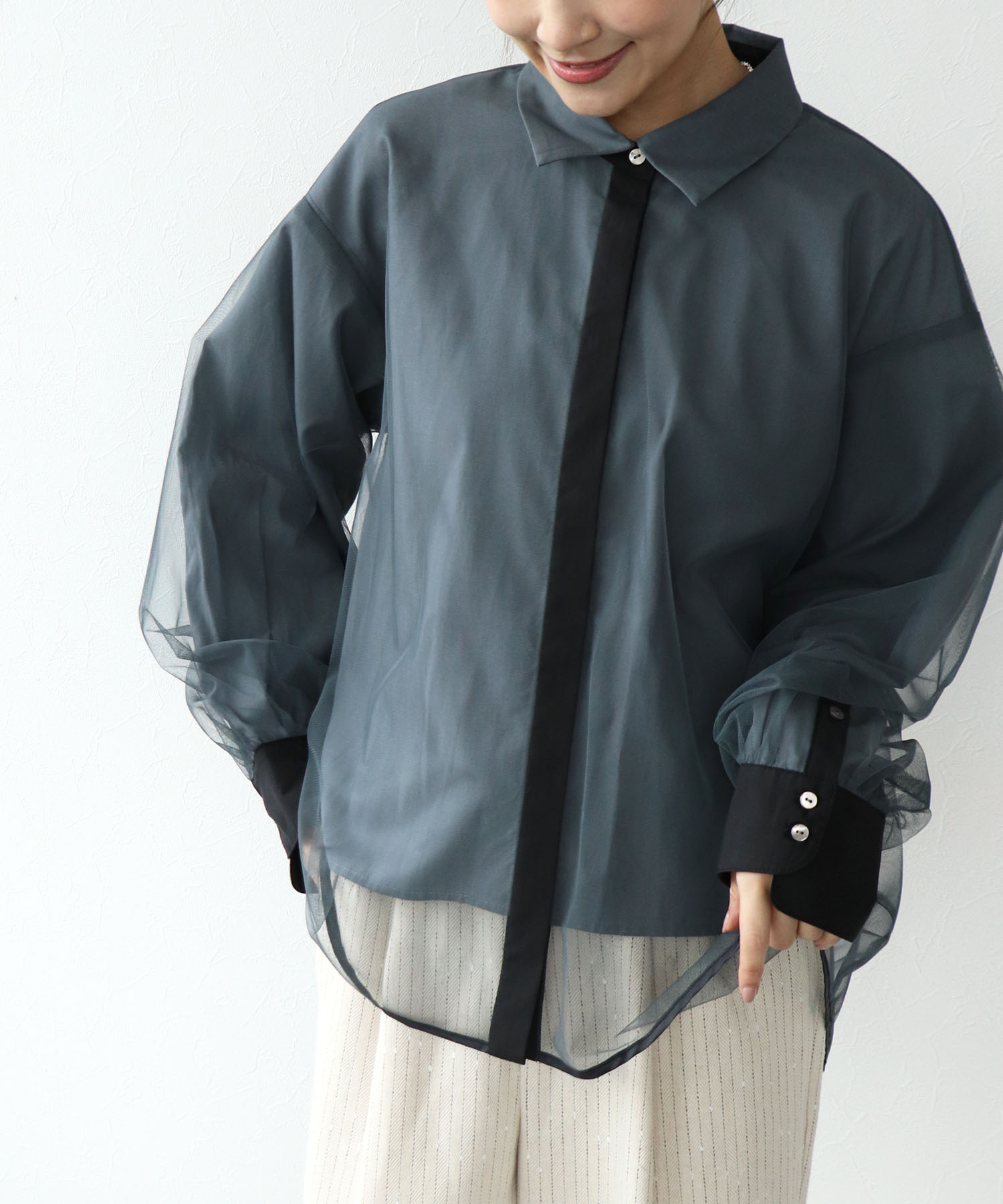 チュールレイヤード配色シャツ