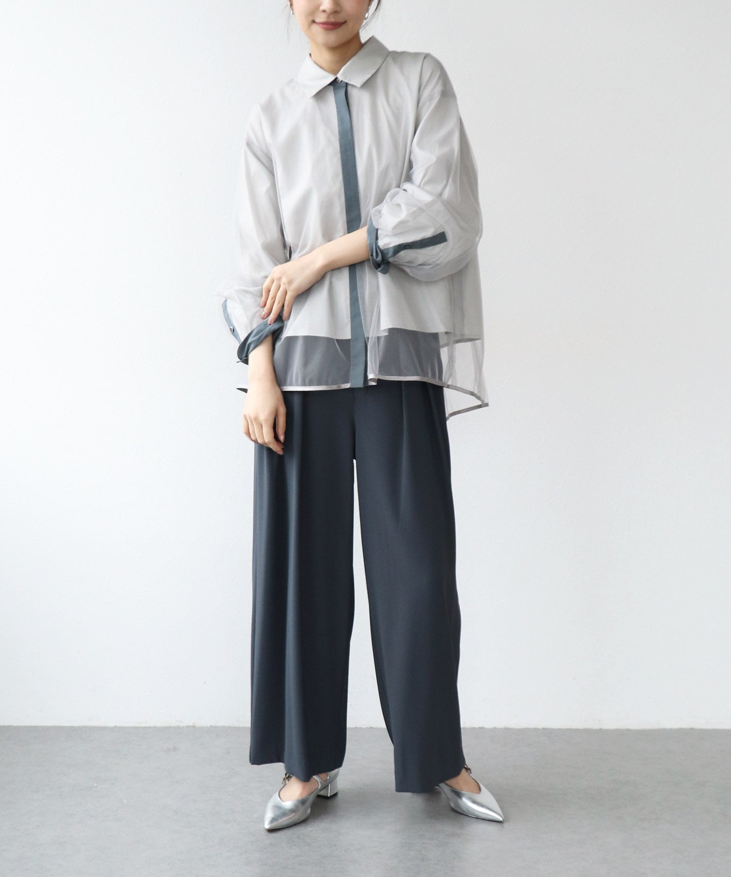 チュールレイヤード配色シャツ