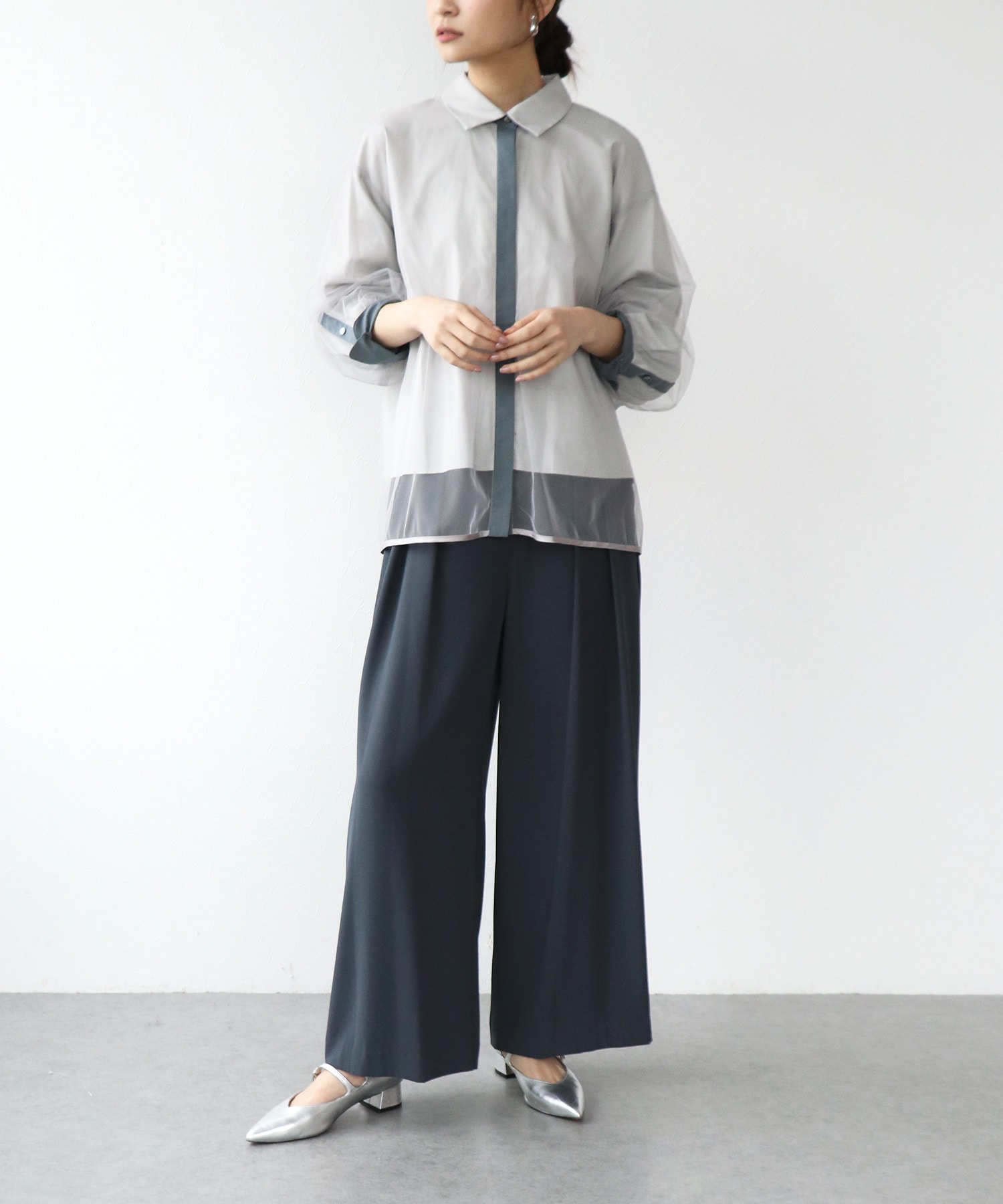 チュールレイヤード配色シャツ