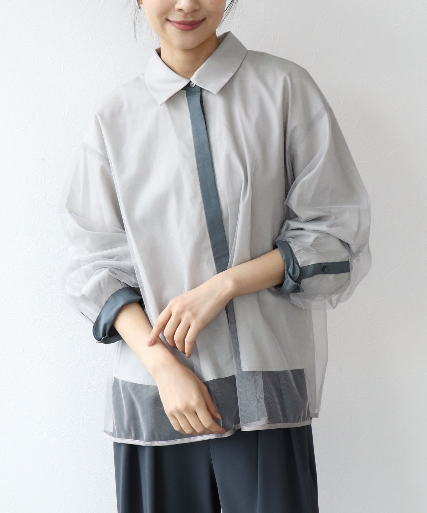 チュールレイヤード配色シャツ