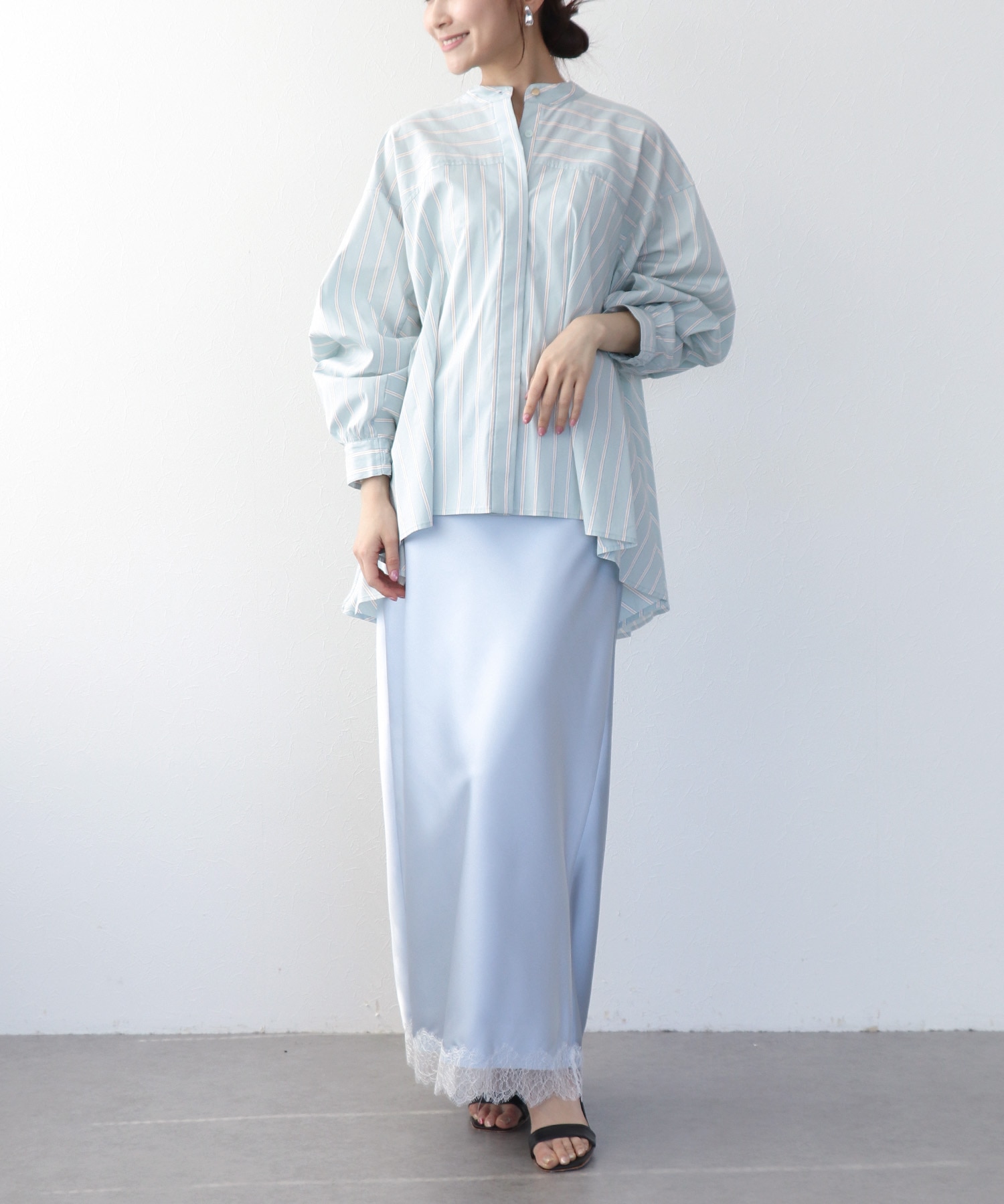 ストライプフレアーシャツブラウス