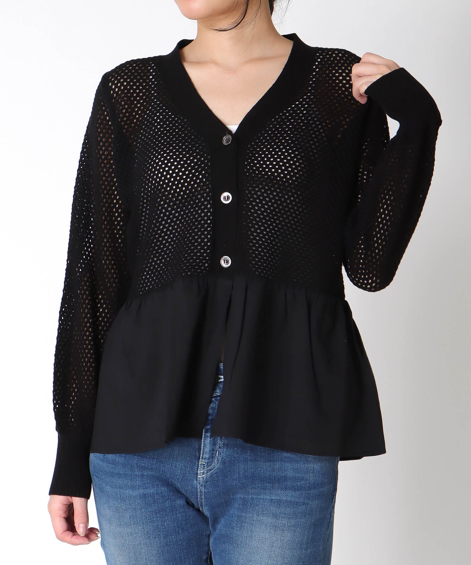 メッシュ編みペプラムカーディガン