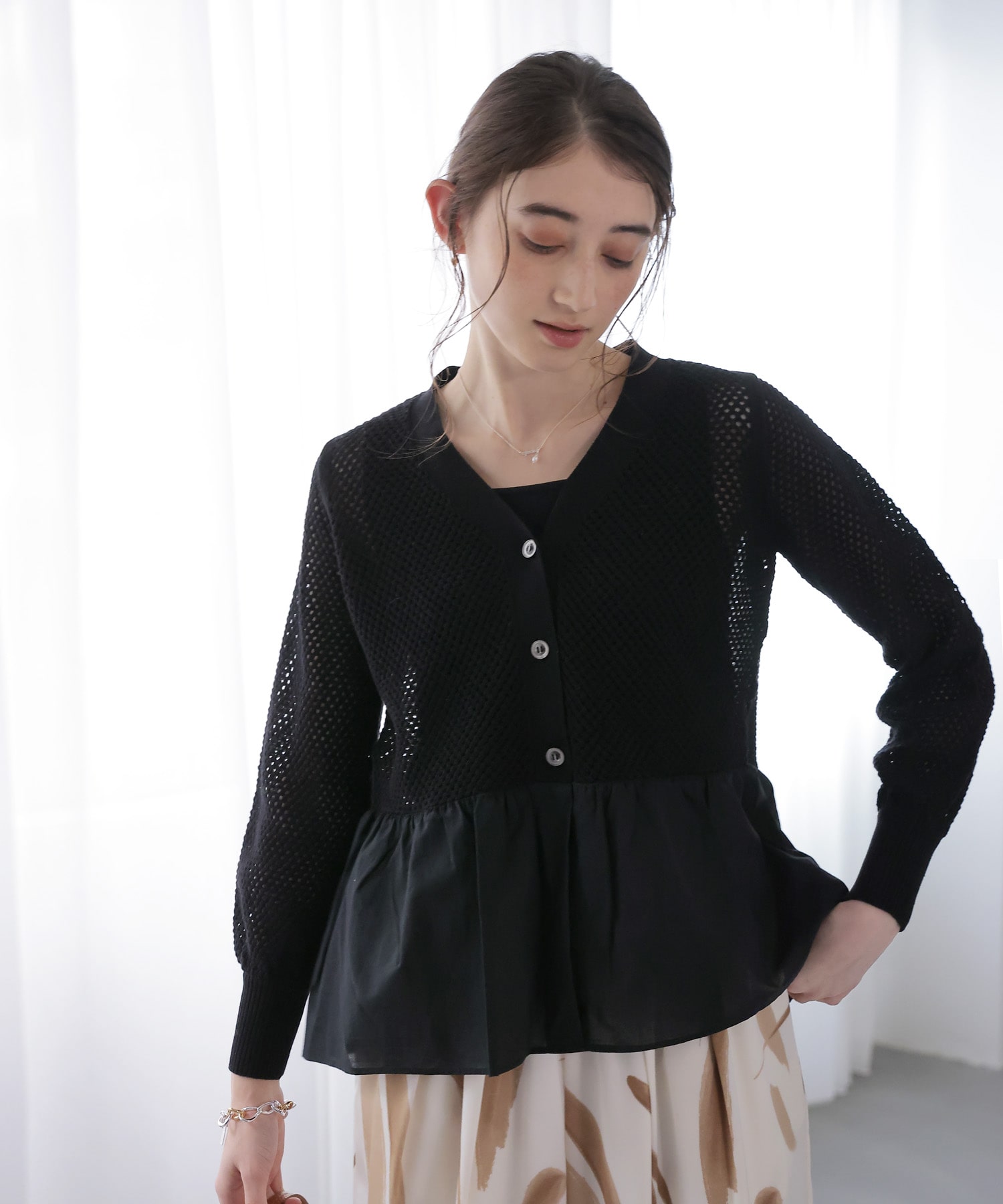 メッシュ編みペプラムカーディガン