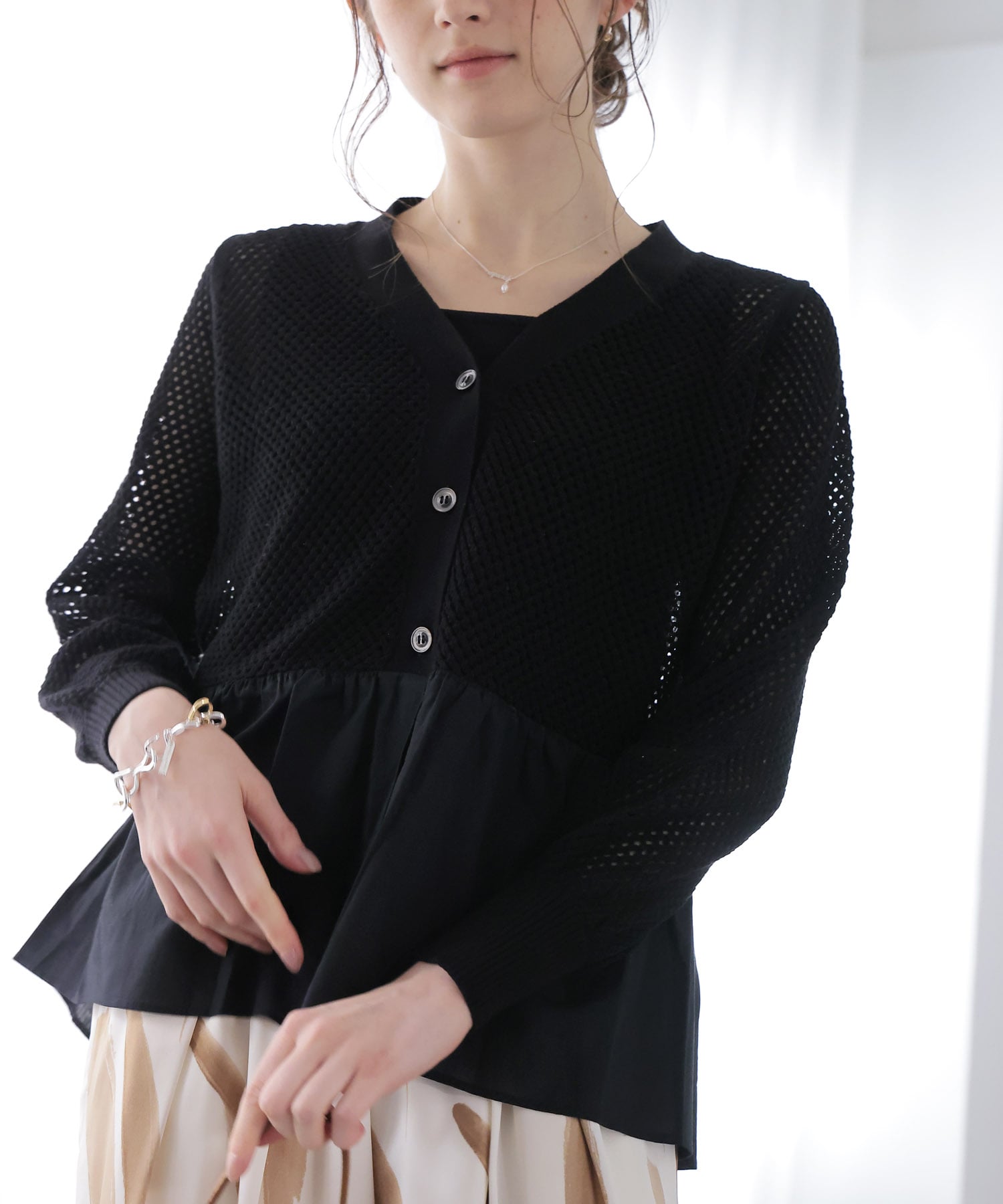 メッシュ編みペプラムカーディガン