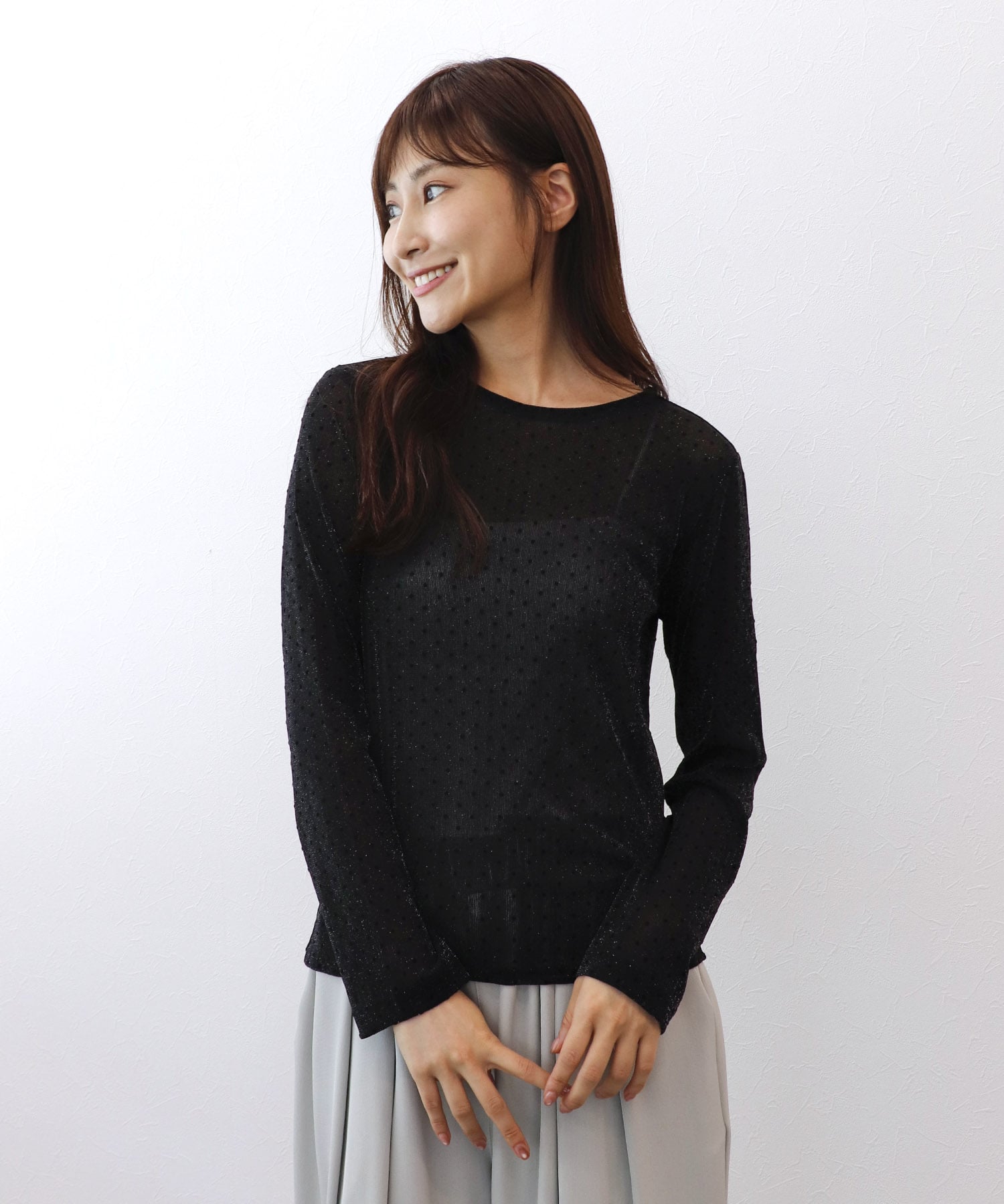 ラメフロッキードットロングＴシャツ