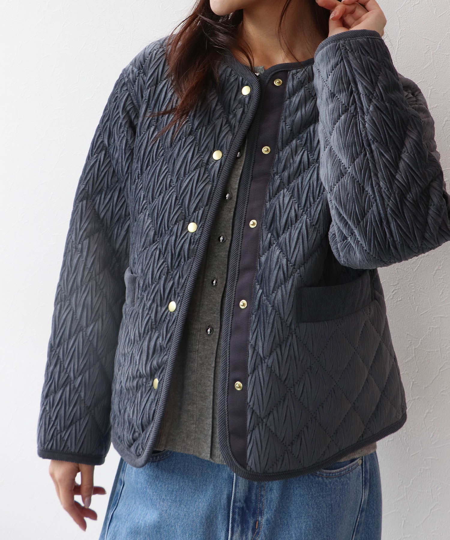 ベロアキルトノーカラージャケット