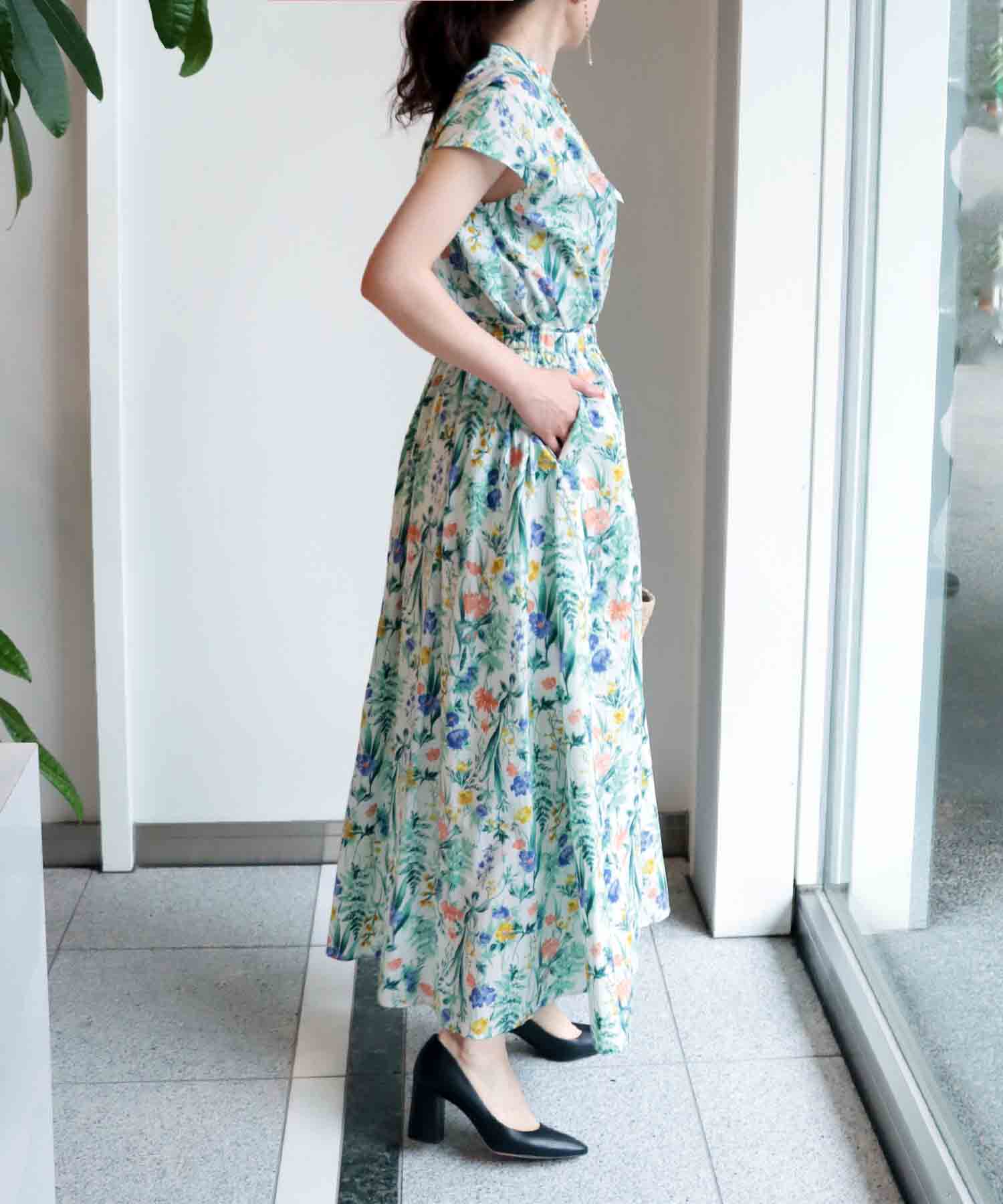 フローラルプリント スリットギャザースカート