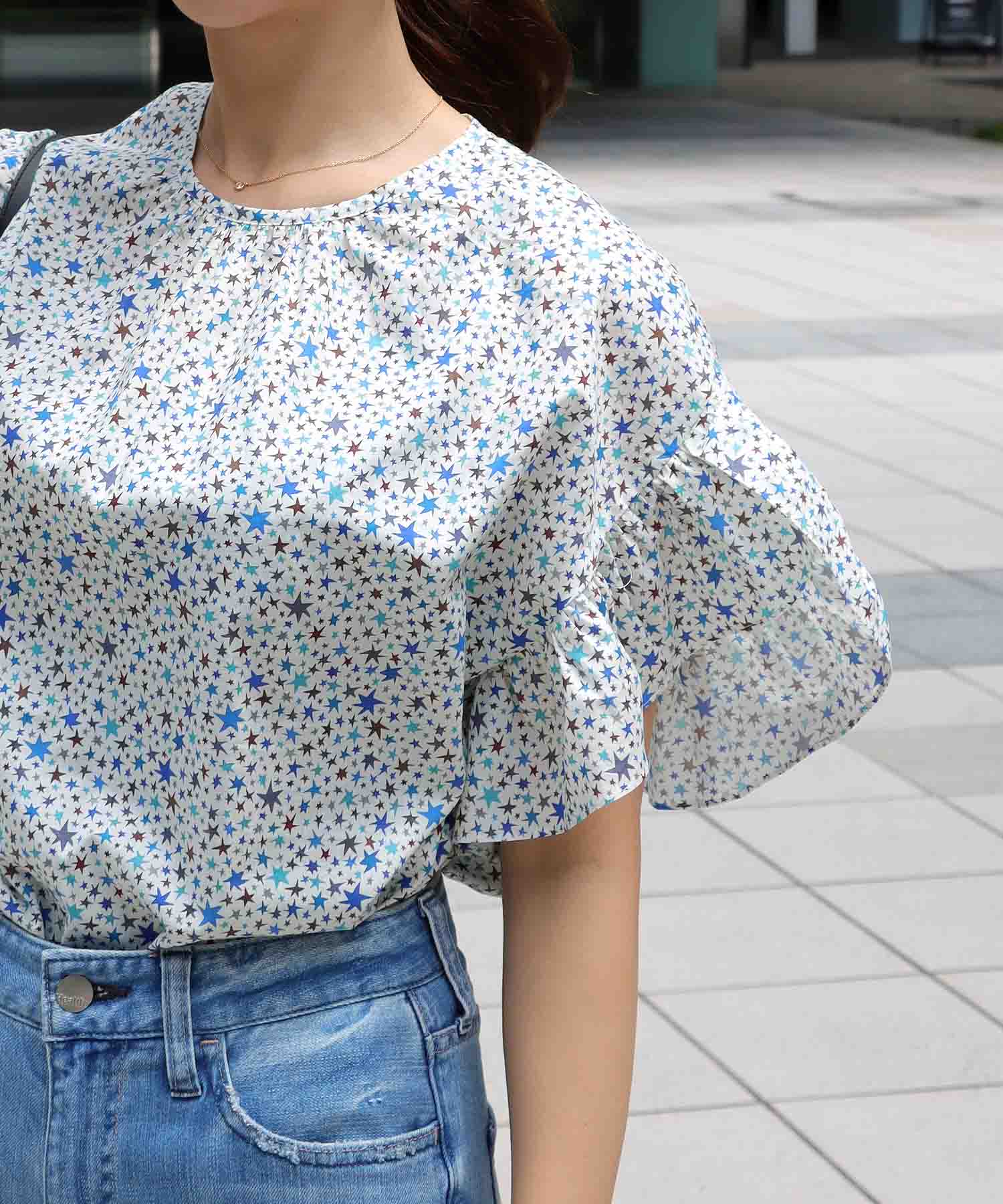 リバティスタートラックプリント フリルスリーブブラウス | AND ON 