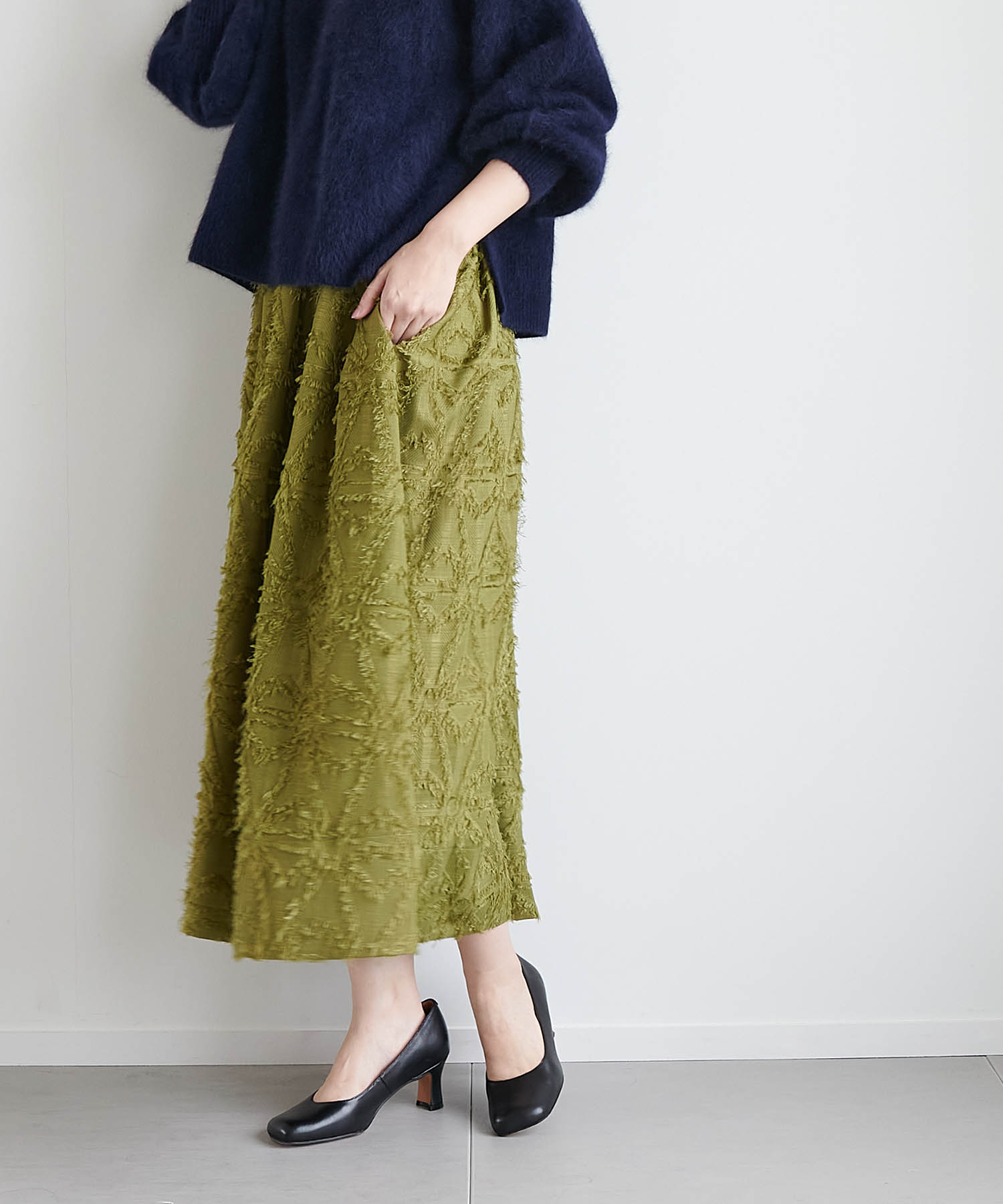 フリンジジャカード ギャザーフレアースカート