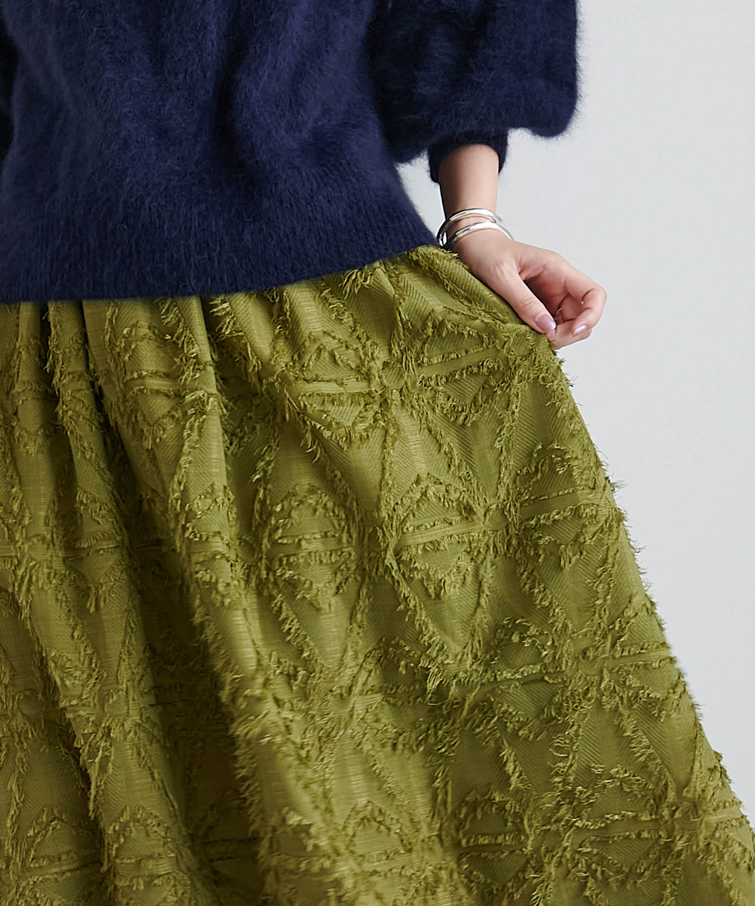 フリンジジャカード ギャザーフレアースカート