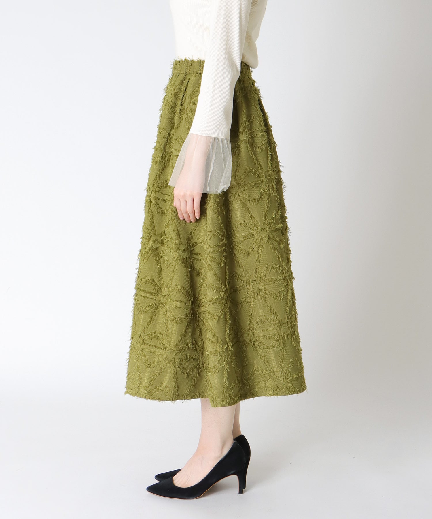 フリンジジャカード ギャザーフレアースカート