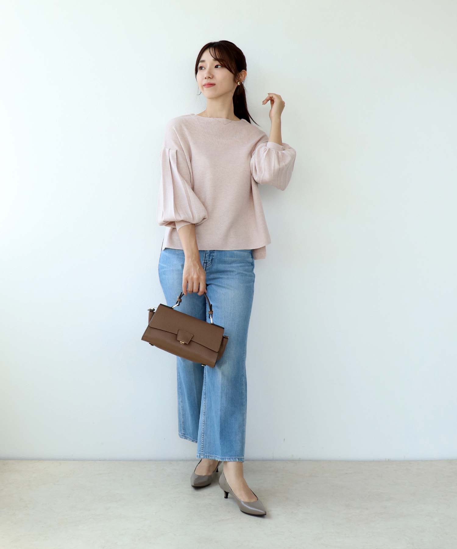 ラメ糸袖プリーツリブニット