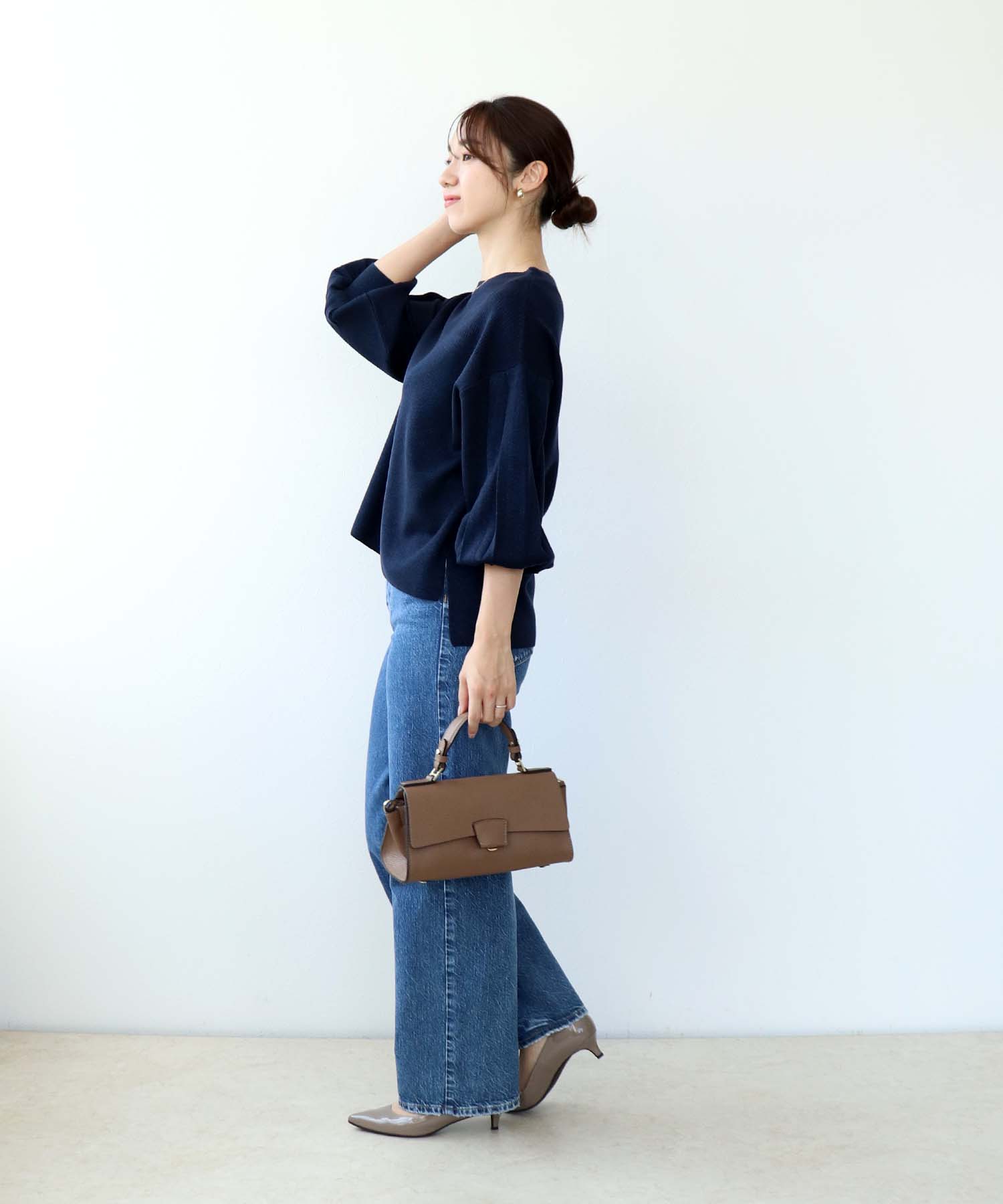 ラメ糸袖プリーツリブニット