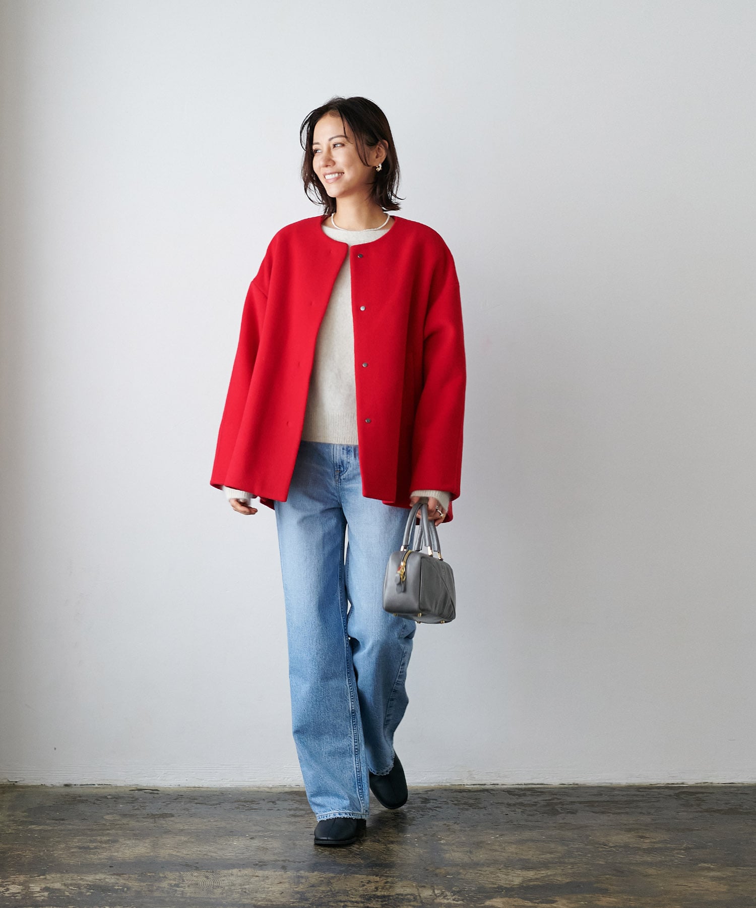 シャルム加工ウールノーカラーショートコート