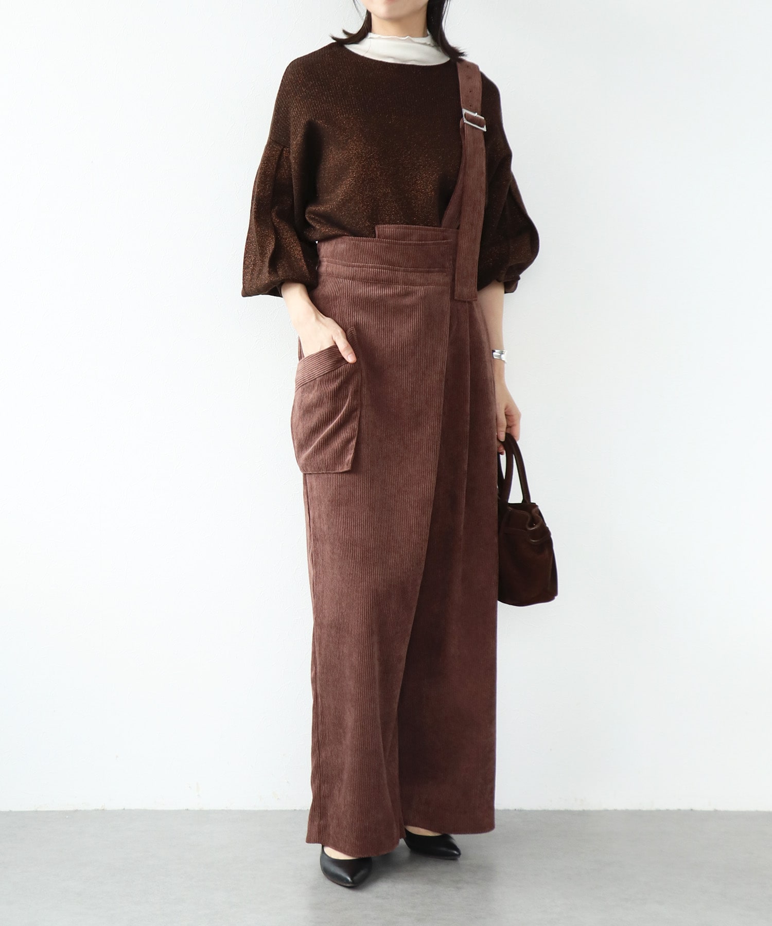 ラメ糸袖プリーツリブニット