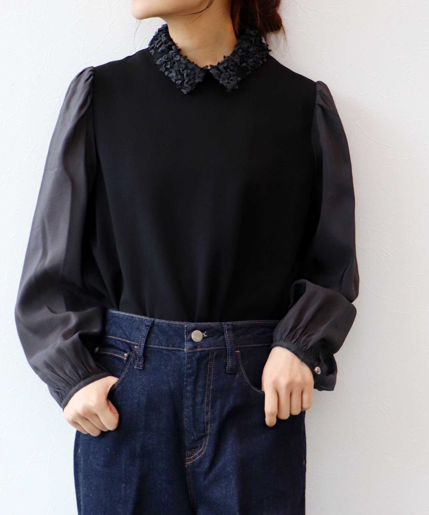 衿付きシアースリーブトップス