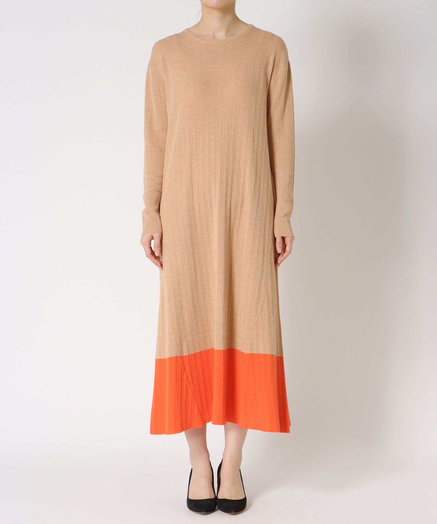 カシミヤ混バイカラーAラインワンピース