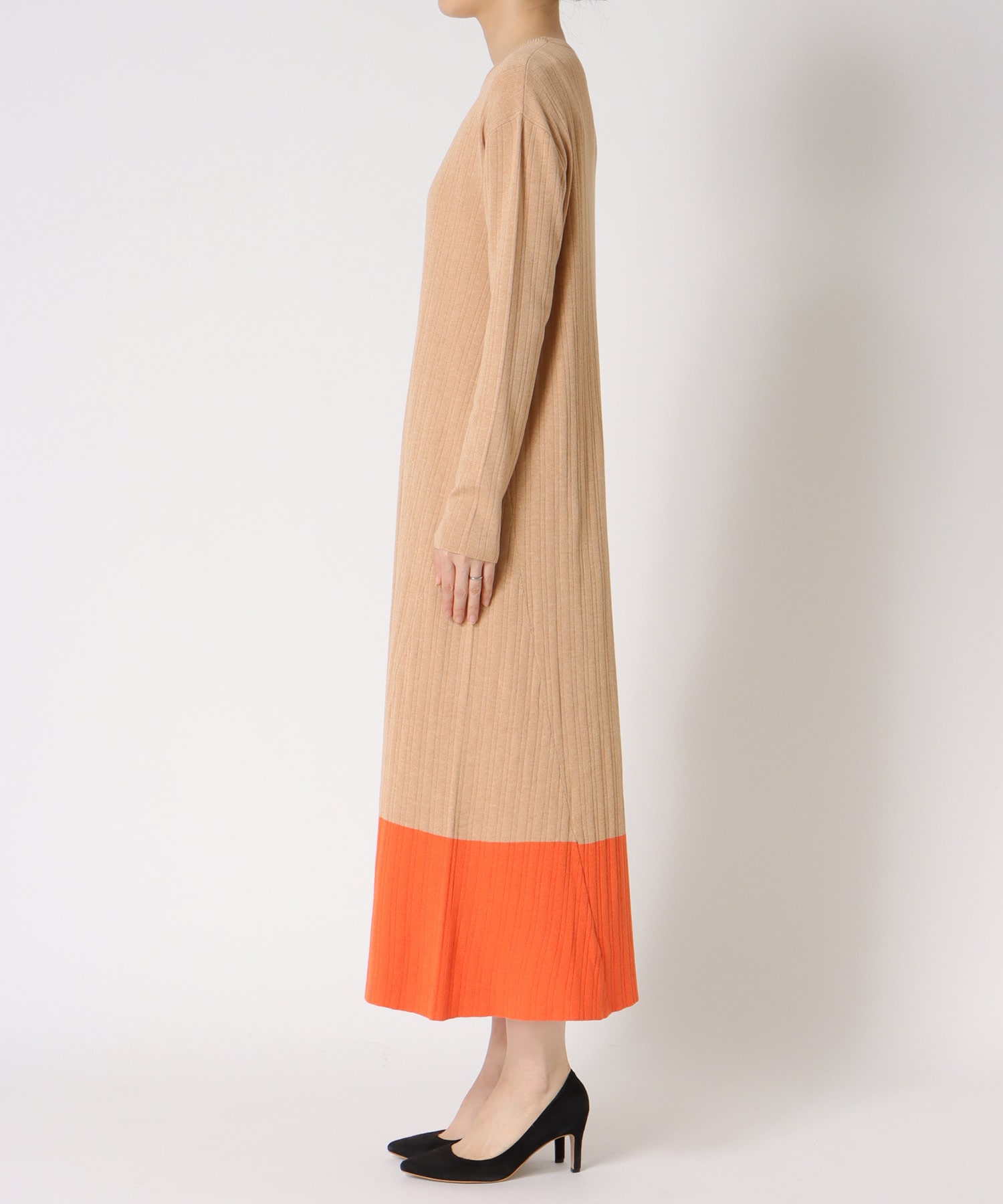 カシミヤ混バイカラーAラインワンピース