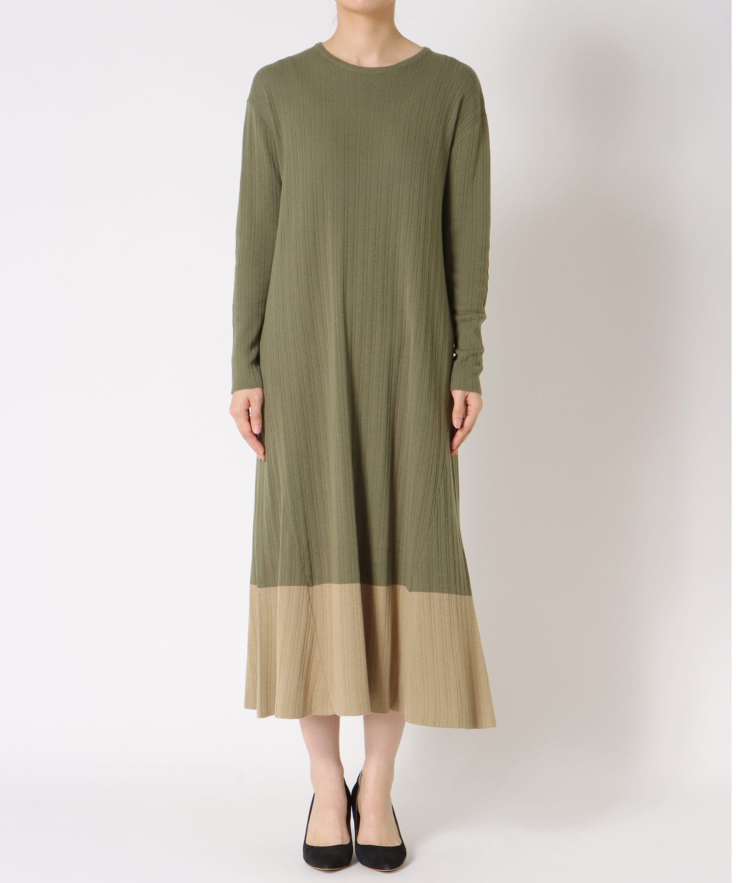 カシミヤ混バイカラーAラインワンピース