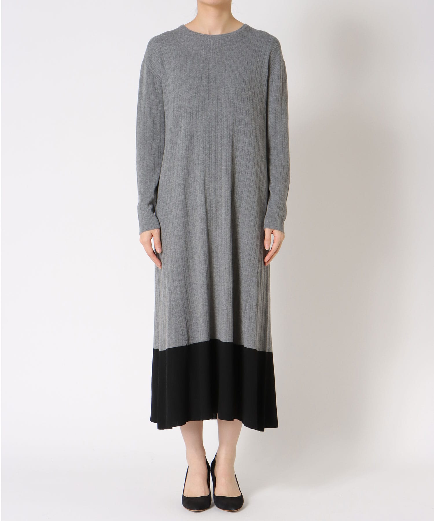 カシミヤ混バイカラーAラインワンピース