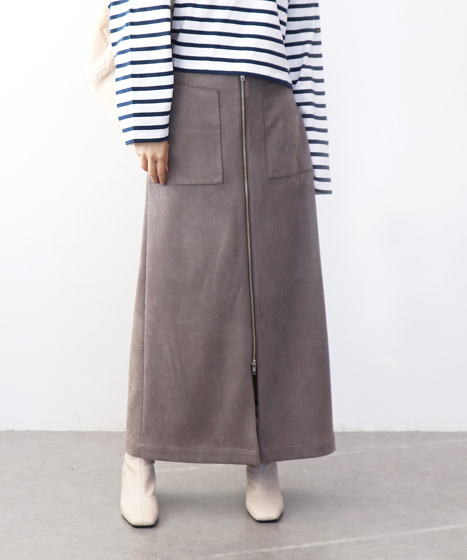 ストレッチスエード フロントZIPスカート