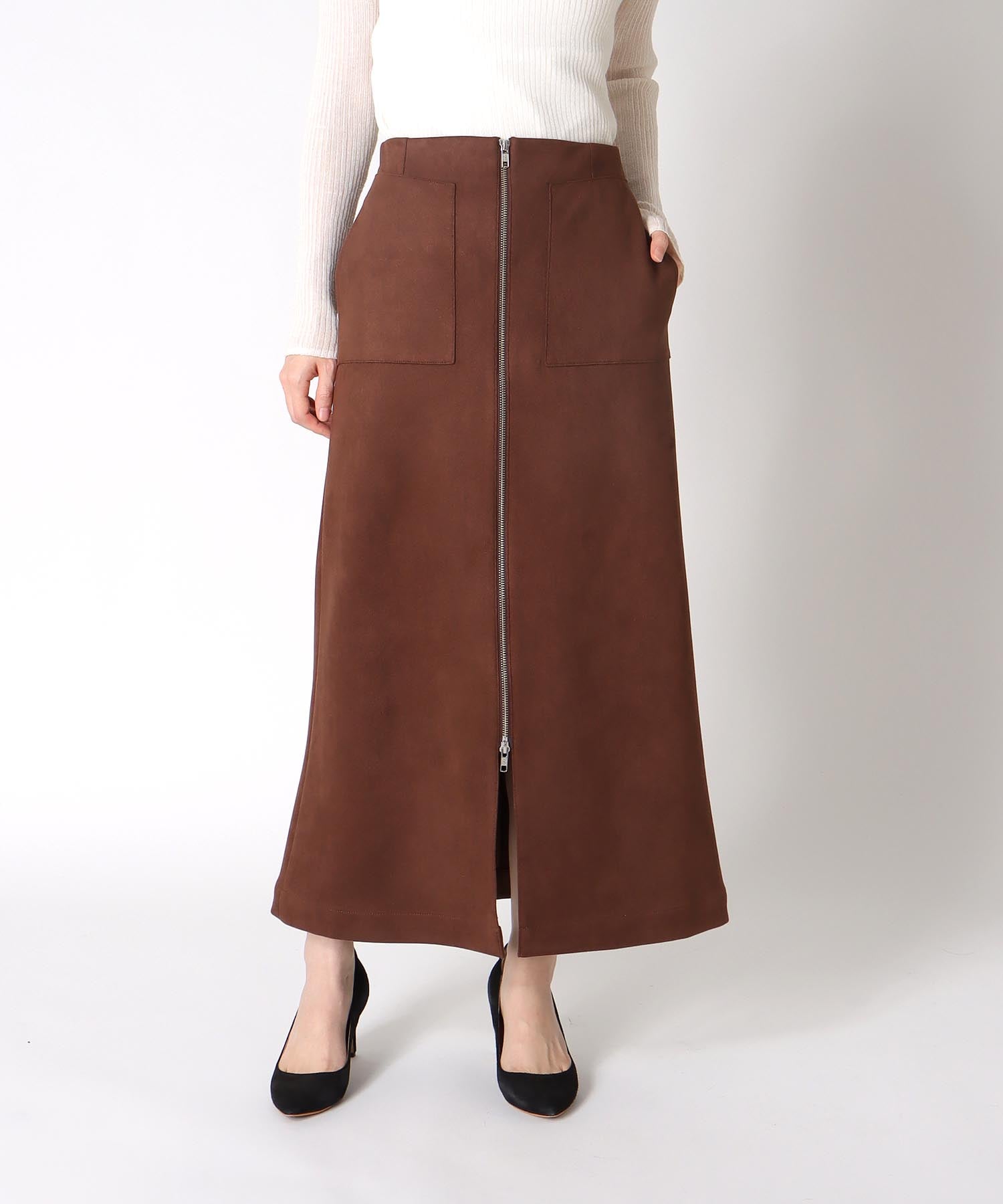 ストレッチスエード フロントZIPスカート