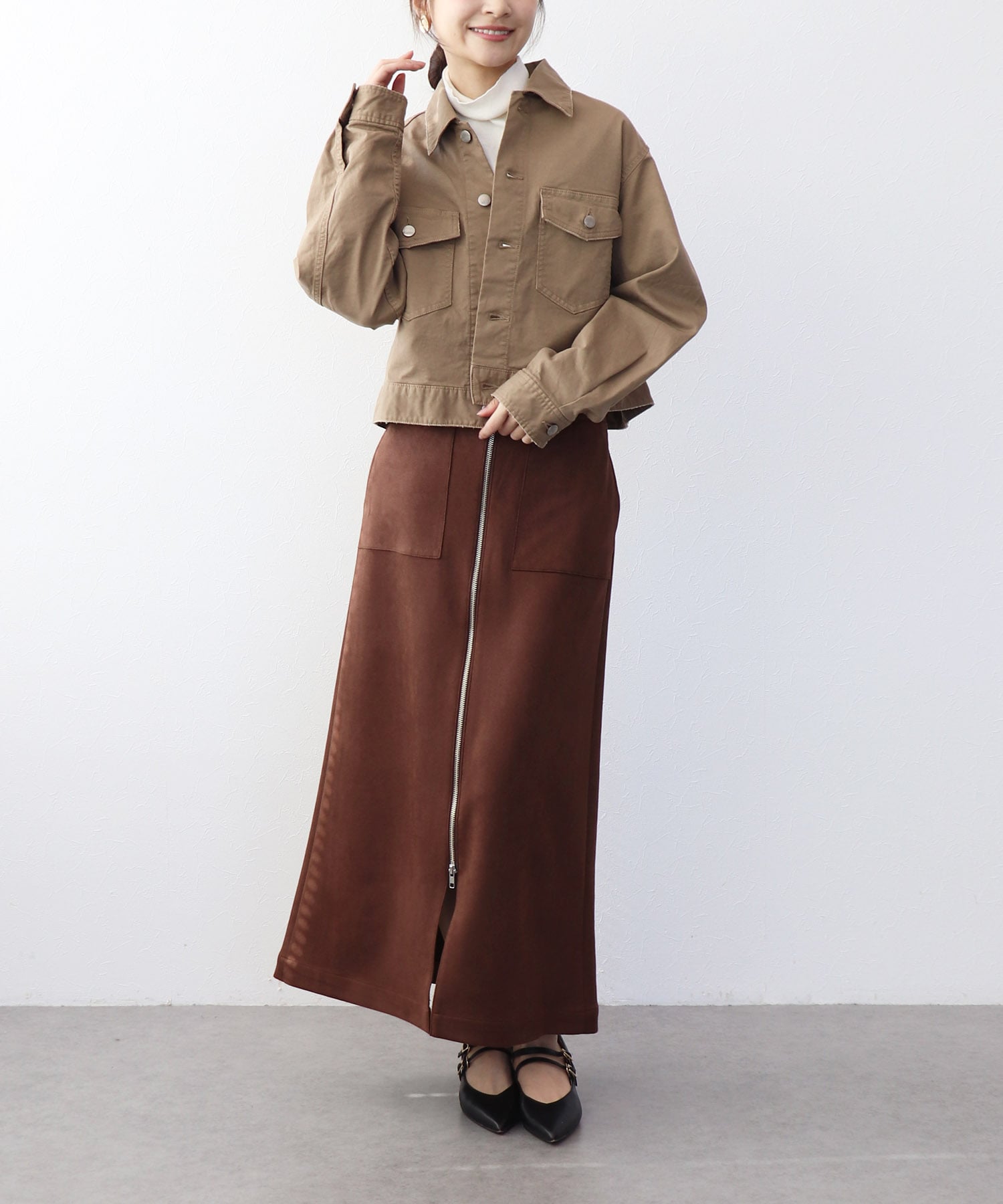 ストレッチスエード フロントZIPスカート