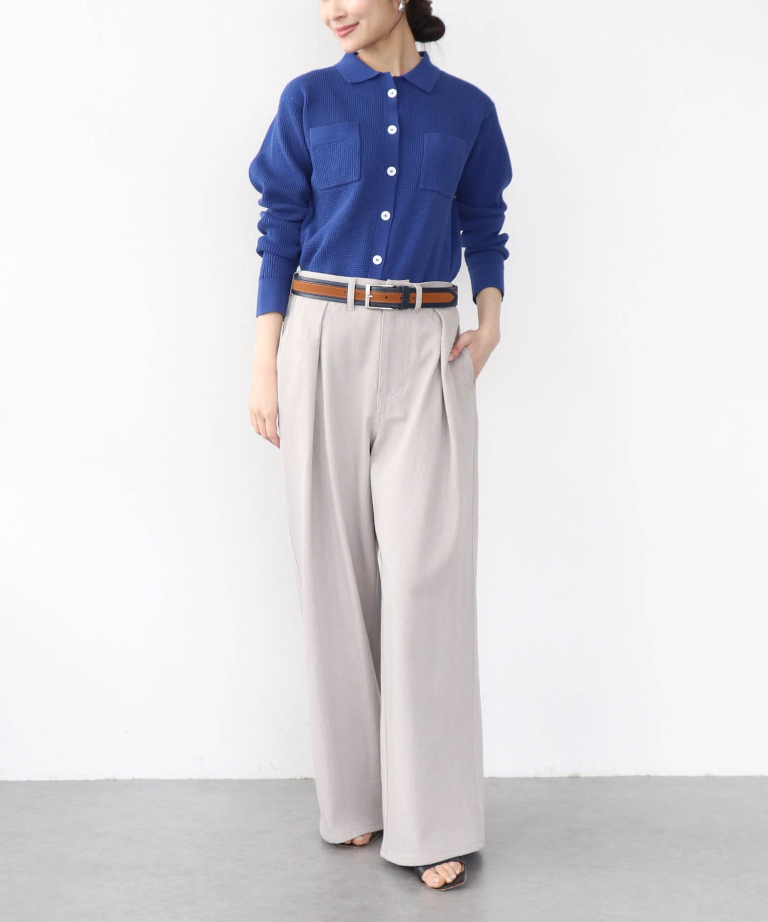 ワッフル編み襟付きカーディガン