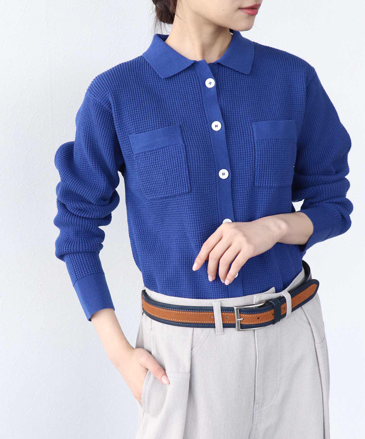 ワッフル編み襟付きカーディガン