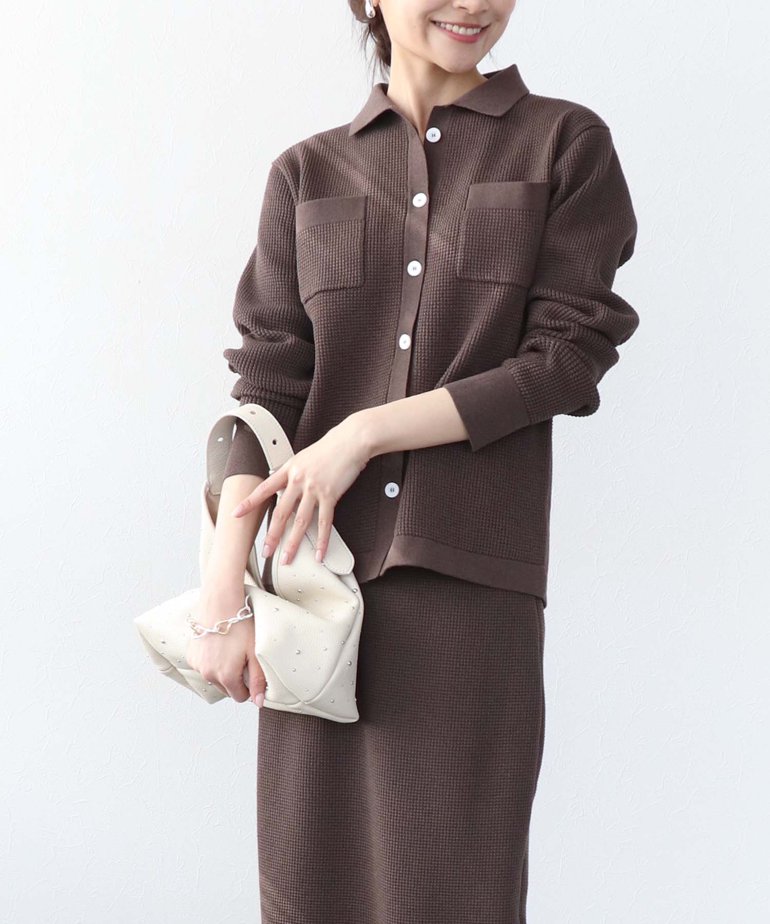 ワッフル編み襟付きカーディガン