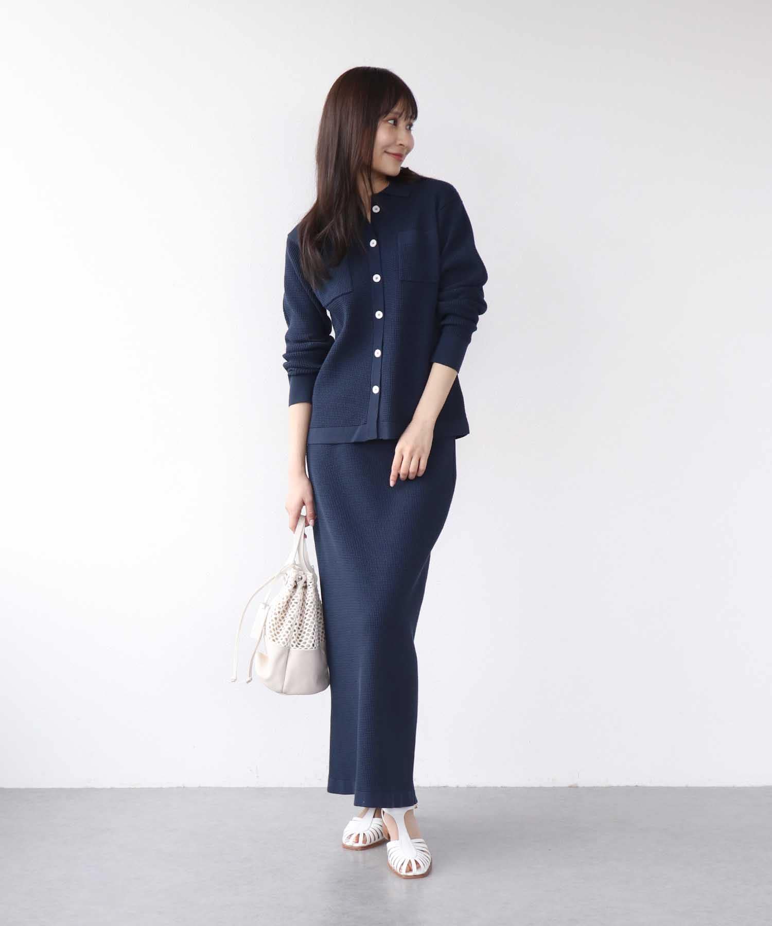 ワッフル編み襟付きカーディガン