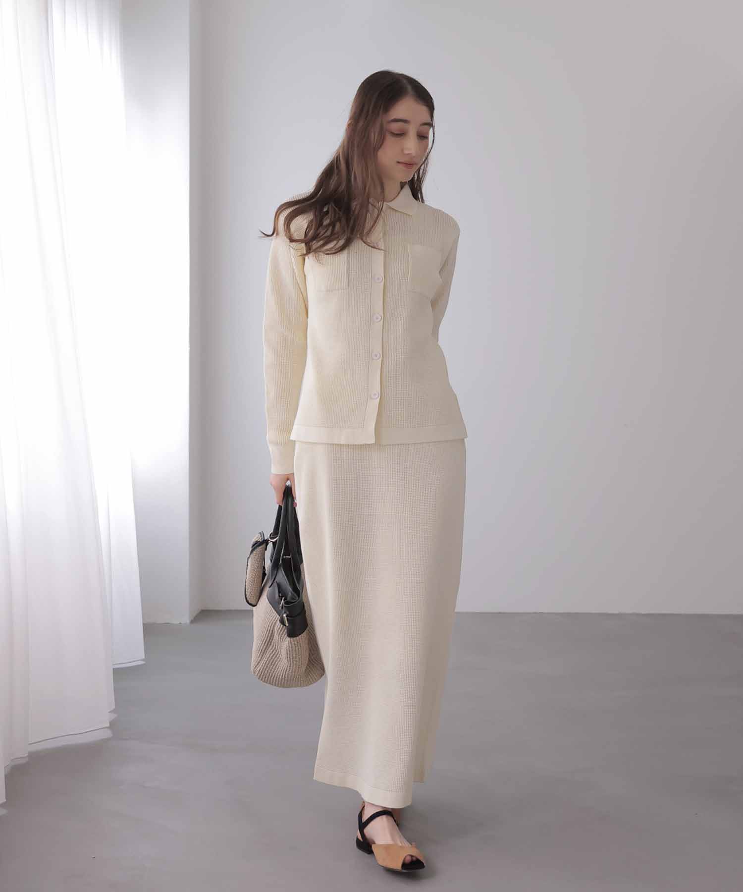 ワッフル編み襟付きカーディガン